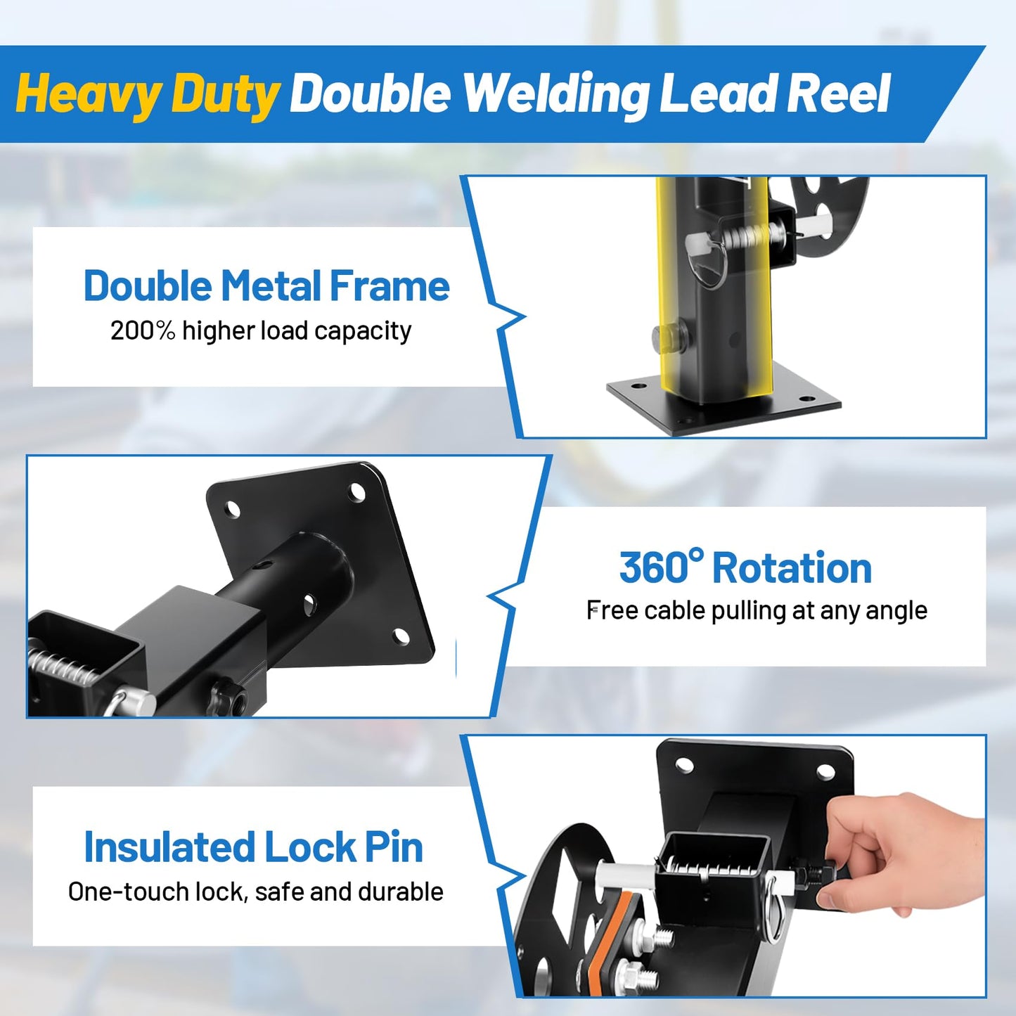 𝑼𝒑𝒈𝒓𝒂𝒅𝒆 Heavy Duty Double Welding Lead Reel, 360° Rotatable Base Cable Lead Reel, Welding Reels with Insulated Sealing Gaskets & Screws No Leaks No Shorts, Fits 150ft 1/0 or 125ft 2/0 Cable