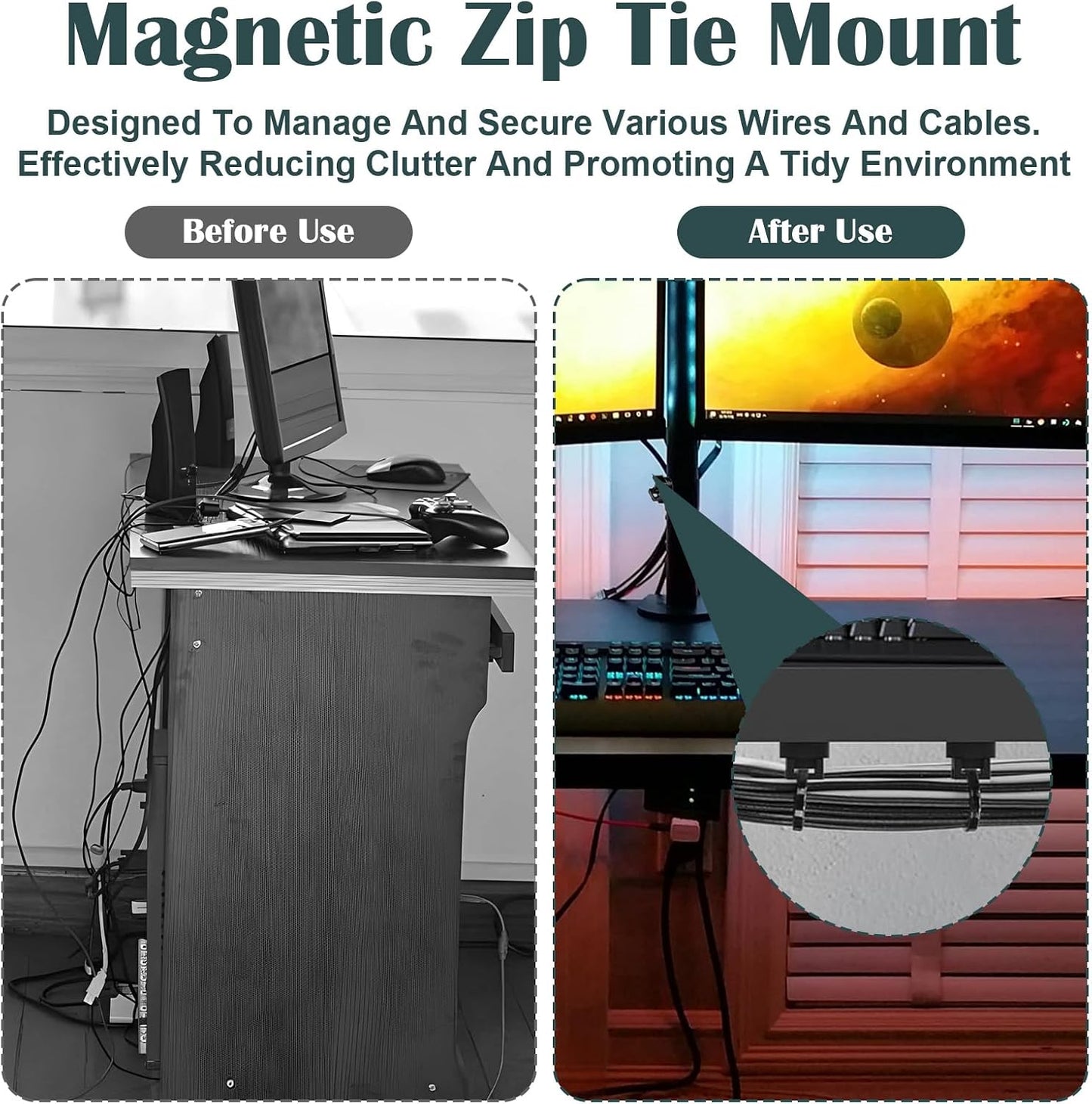 20 (22 mm) Pcs Magnetic Zip Tie Mount Base, Black Magnetic Cable Clip, Multipurpose Cable Ties Management Base