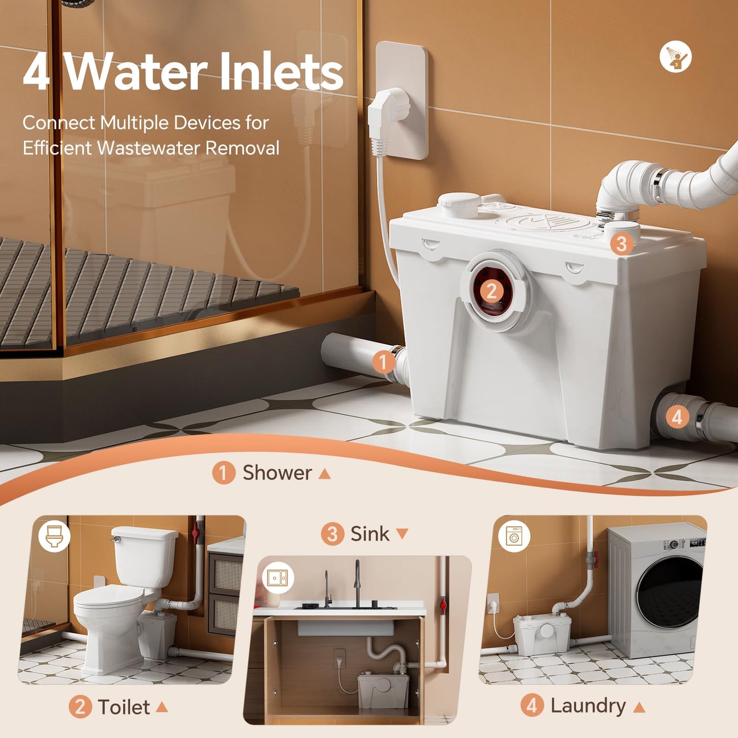 Macerating Toilet System, Two-piece Vintage Upflush Toilet with 4 Inlets Grinder Pump for Household Sewage Wastewater Disposal, Copper Motor, Quiet Operation, Extension Pipe Included, Less Consumption