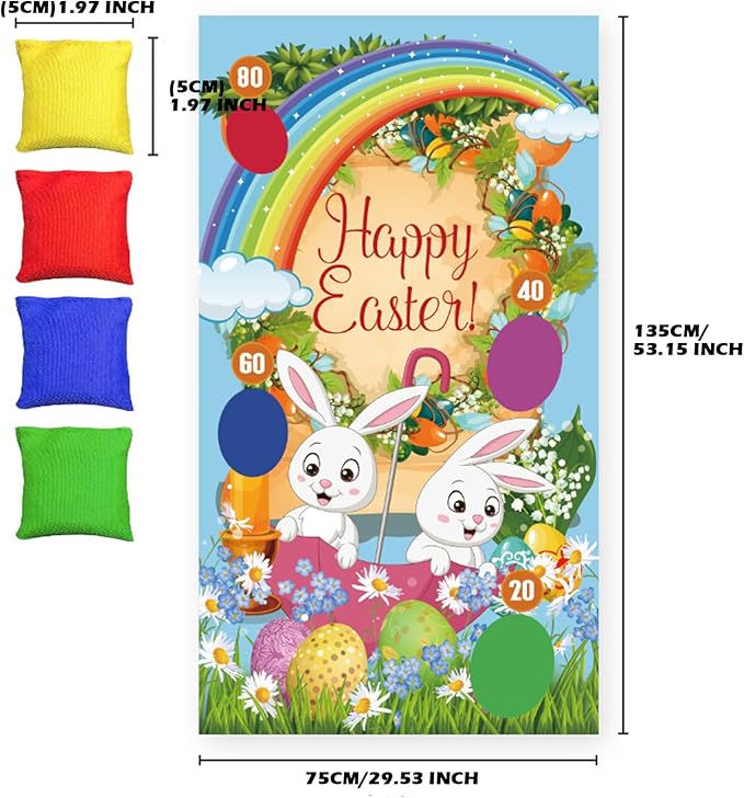 Easter Toss Game with 4 Bean Bags and 2 Pack Easter Inflatable Bunny Rabbit Ears Ring Toss Party Games Indoor Outdoor Family Party Supplies Carnival Game