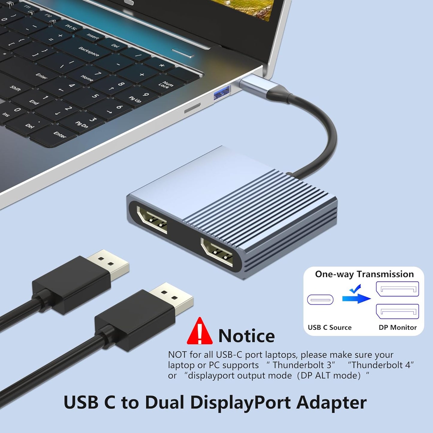 Movcle 4K@60Hz 1 2 USB C to Dual Displayport Adapter for Mac/Dell/HP Laptop, Displayport Splitter in Out for Dual