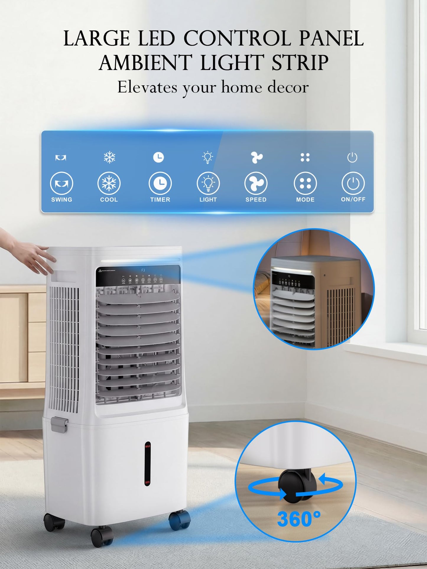 Uthfy 2200CFM Swamp Cooler Air Conditioner, Evaporative Cooler with Dual Water Tanks for 24H Cooling, 120° Oscillating, Ambient Light, 7 GAL Detachable Water Tank, 12H Timer, Portable AC for Bedroom