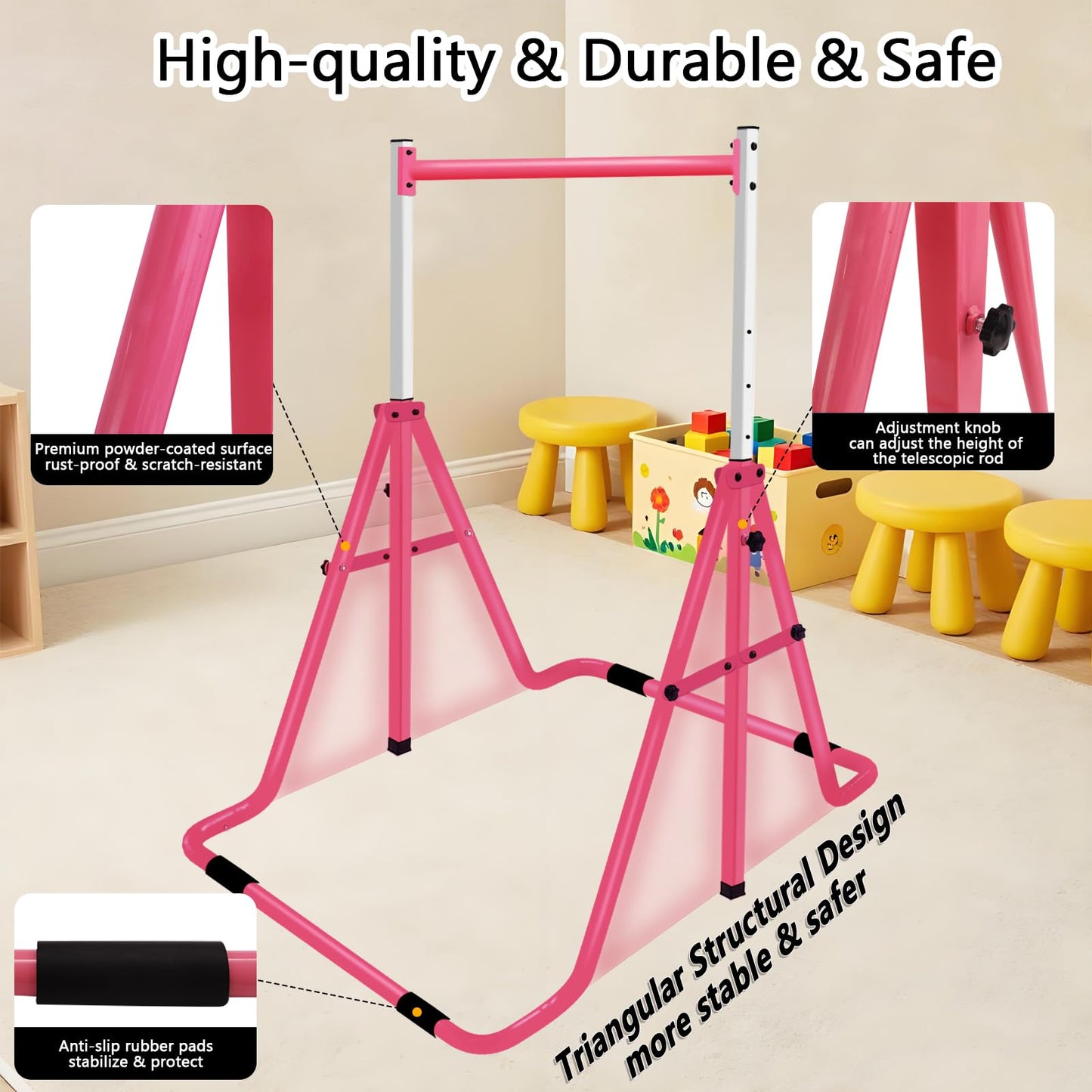 QILEBA Gymnastics Bar for Kids, Adjustable Height Gymnastic Horizontal Bars, Folding Gymnastic Junior Training Monkey Bars Equipment for Home Indoor/Outdoor Using, Pink