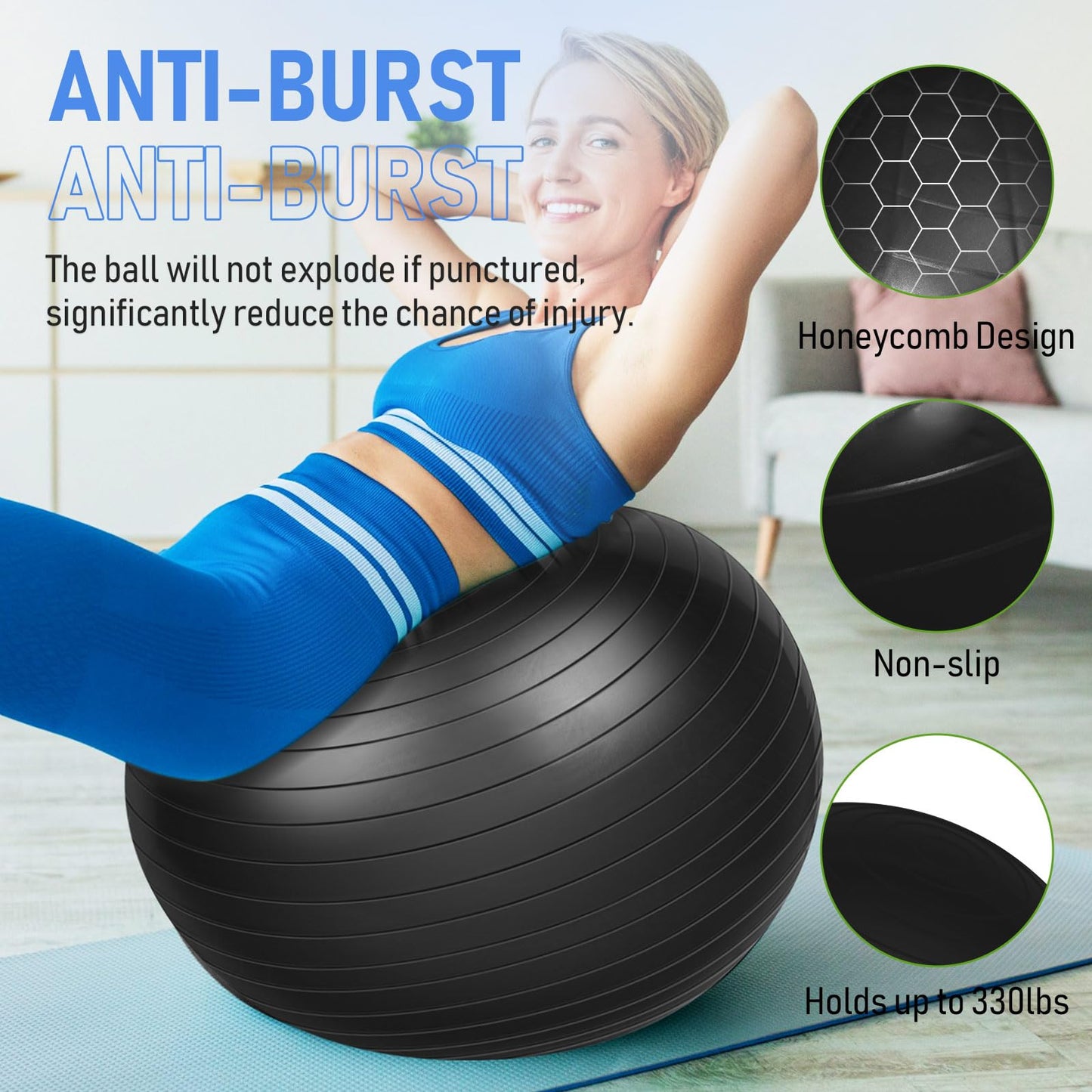 Leyndo 4 Pcs 26 Inch Yoga Exercise Ball Pilates Pregnancy Birthing Fitness Ball with Quick Pump Anti Burst for Improved Posture, Balance, Yoga, Pilates, Training(Black)