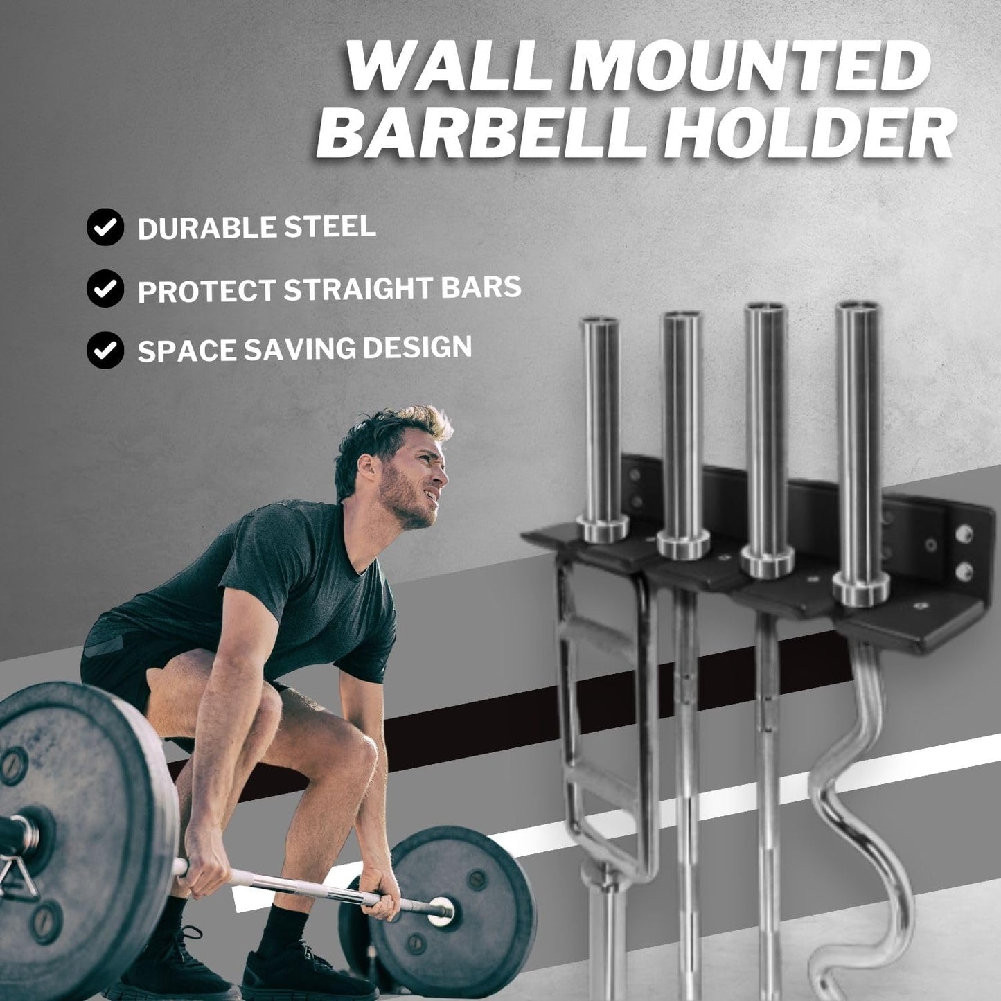 Yes4All Vertical Wall Mounted Olympic Barbell Holder, Barbell Storage Rack, Hanging Barbell Rack for Home Fitness Equipment - 4 bars
