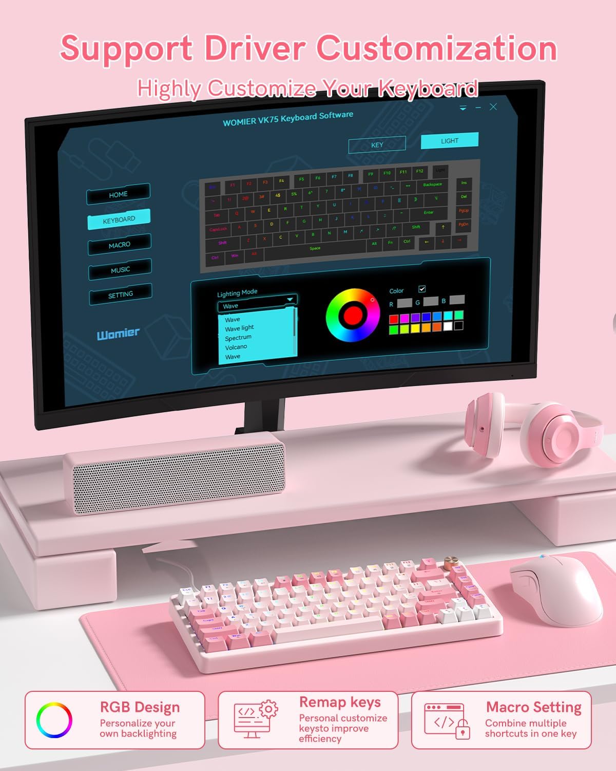 Keyporia VK75 75% Wired Gaming Keyboard with Multimedia Control Knob, Creamy Mechanical Keyboard RGB Backlit Gasket