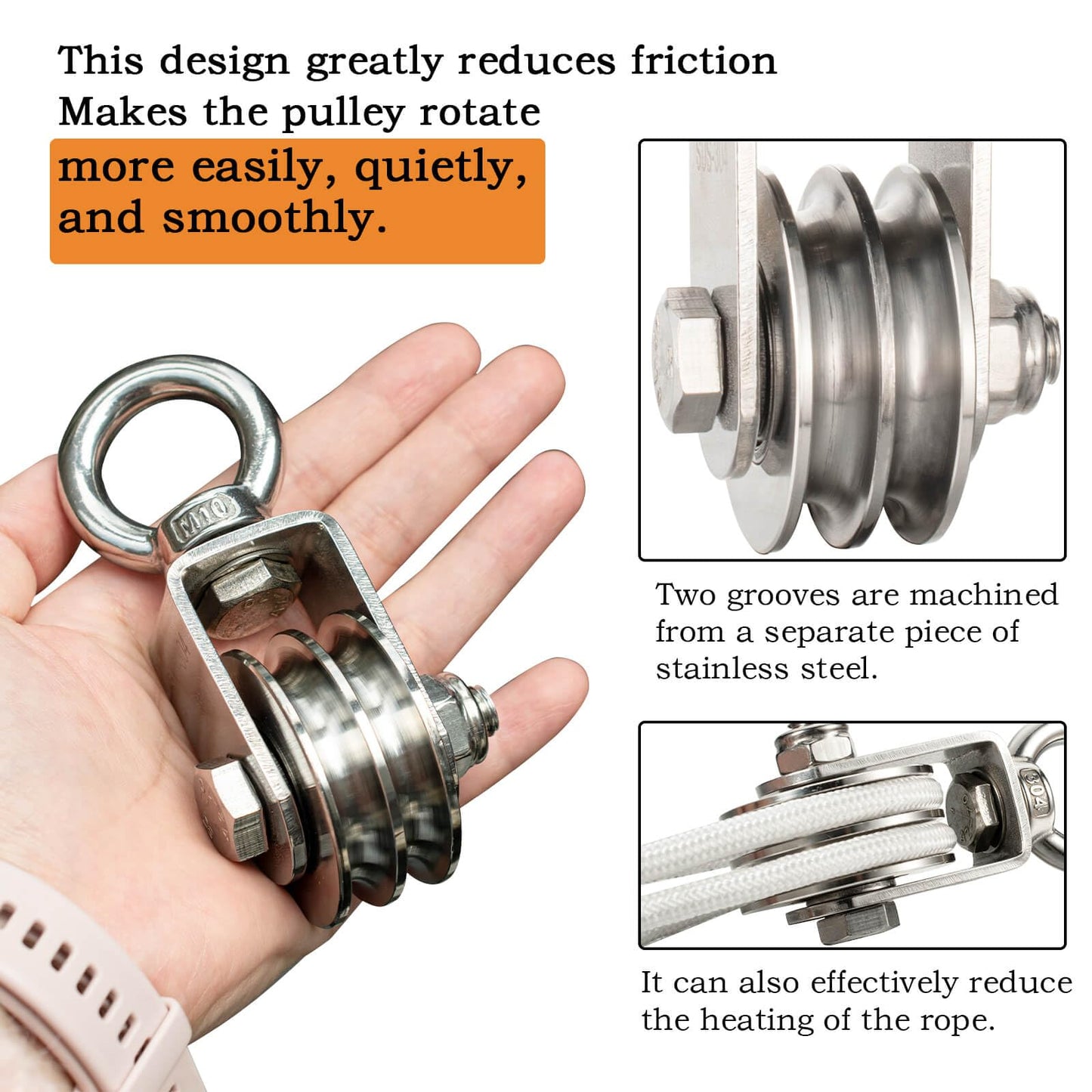 Hoist Pulley System Heavy Duty Stainless Steel, Snatch Swivel Block Double Pulley with 25m/8mm Rope, Bearing Inside, for Lifting, Kayak, Garage, Winch, Hunting, Loading 1100lb