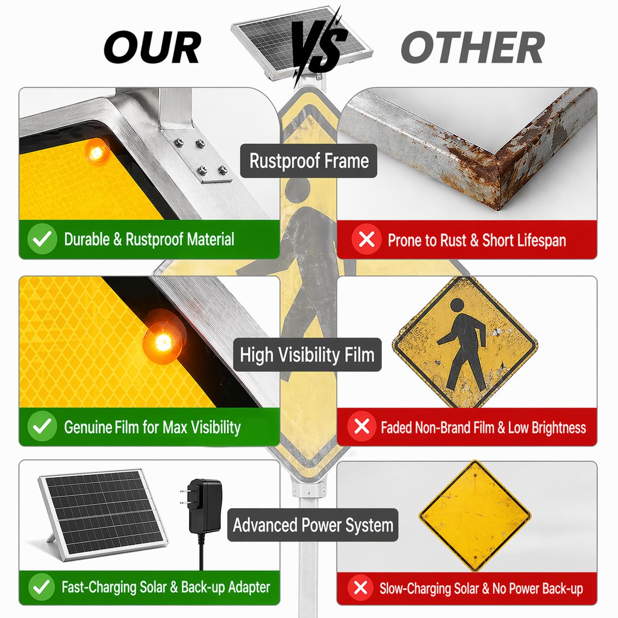 GAJTTR 24" Solar Powered LED Pedestrian Crossing Sign, High Visibility Flashing Crosswalk Sign with 8 Blinking LEDs, Engineer Grade Reflective Film, Heavy Duty Aluminum Metal Frame for Schools, Driveways & Communities (Yellow)