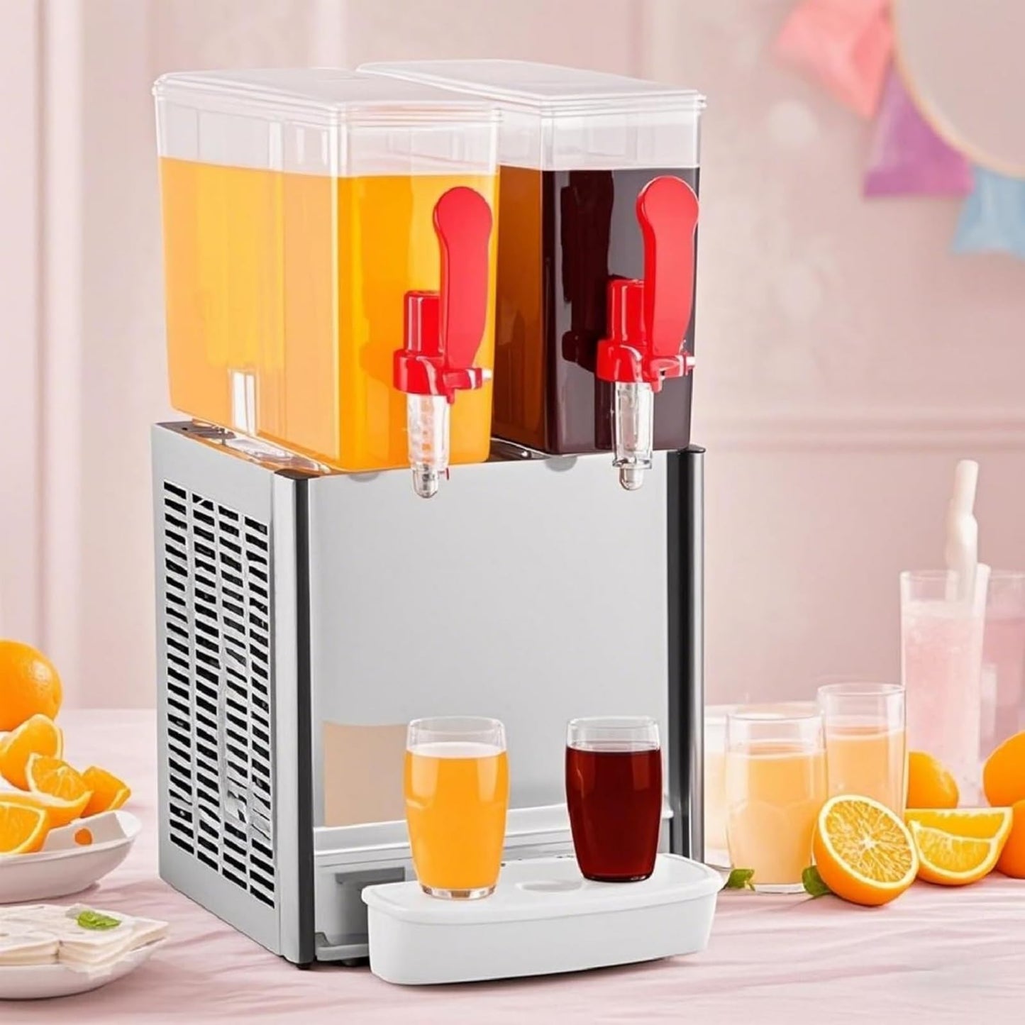 Dual 10L Refrigerated Beverage Dispenser with Mixer & Infuser | Stainless Steel Drink System w/Thermostat Control + Ice Storage