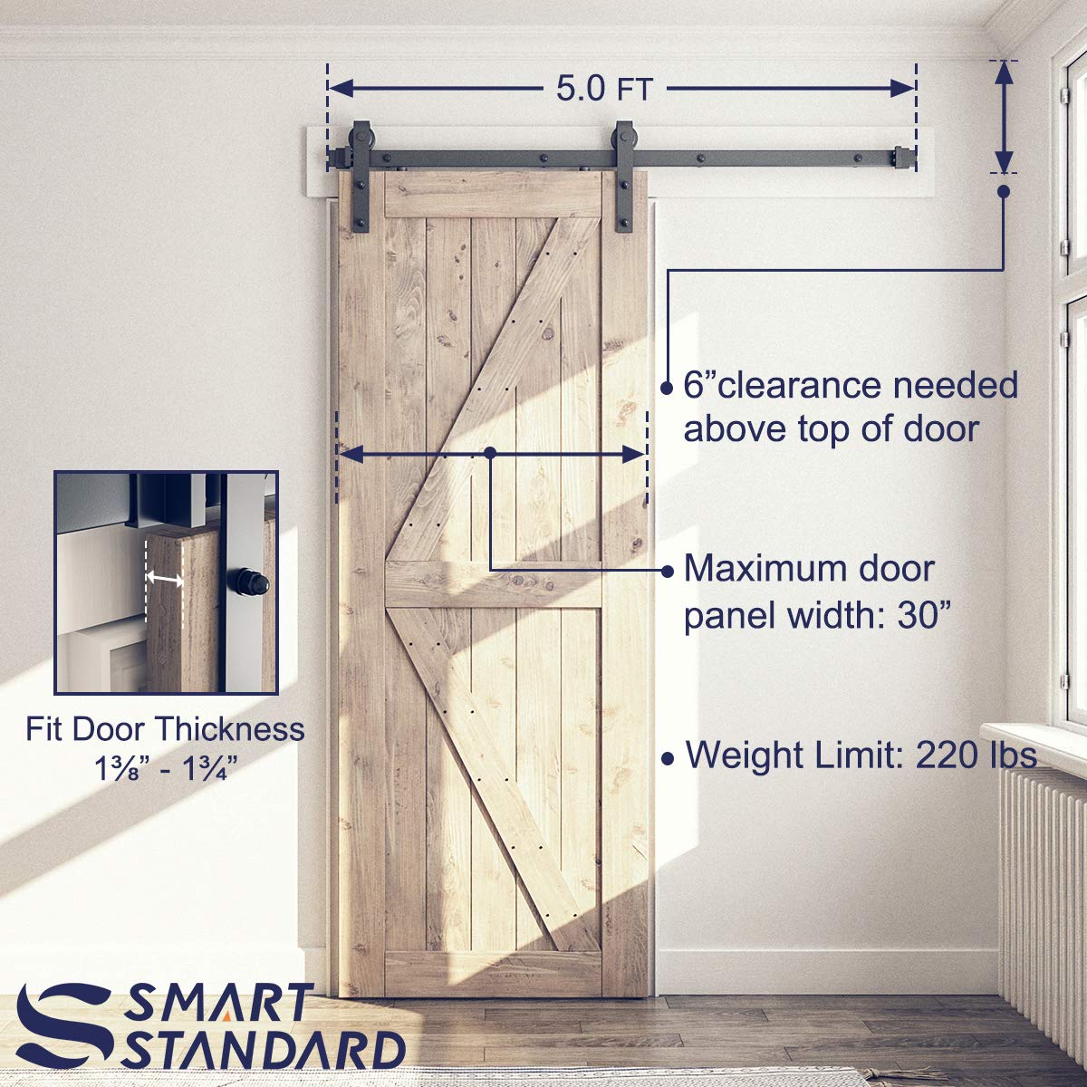 SMARTSTANDARD 5 Feet Heavy Duty Sturdy Sliding Barn Door Hardware Kit-Smoothly and Quietly-Includes Detailed Installation Fit 30" Wide Doorpanel (J Shape Hanger) Black