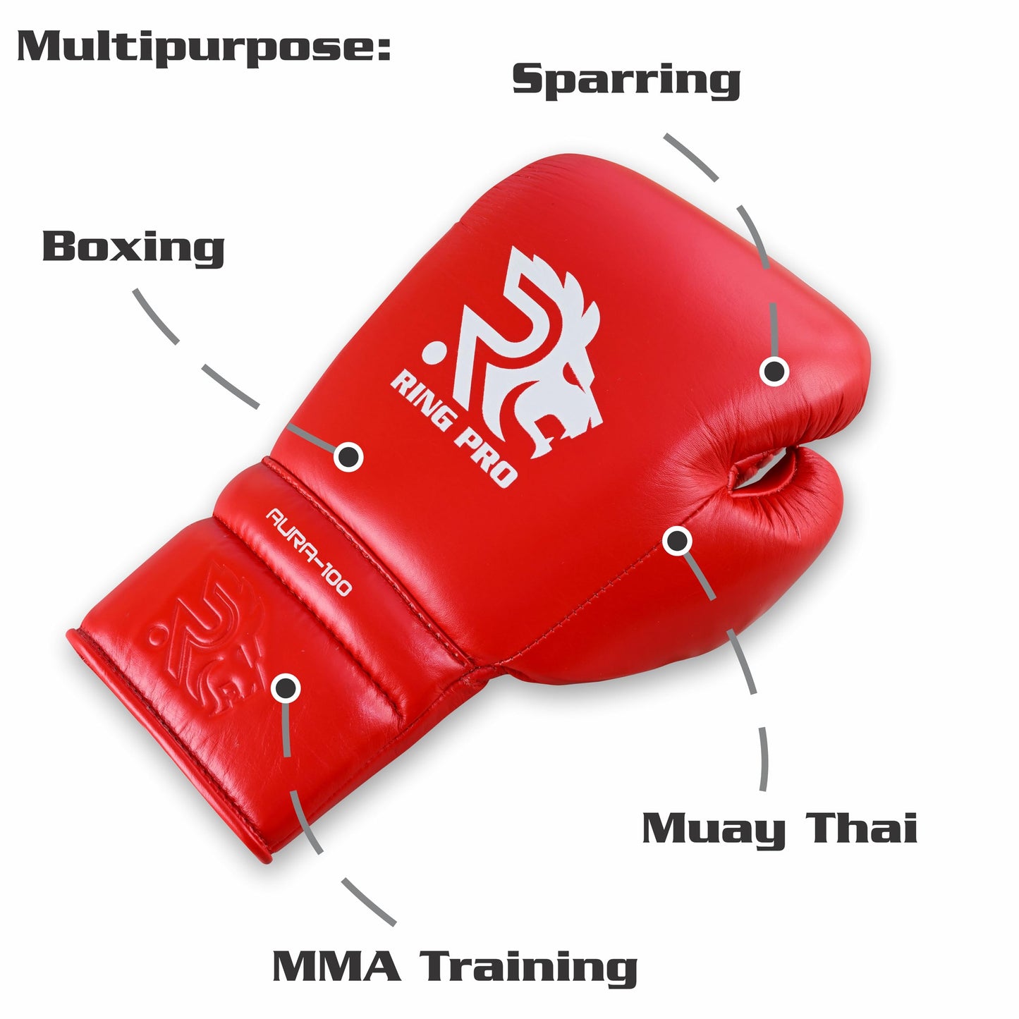 Ring Pro Aura 100 Full Grain Leather Lace Up Boxing Gloves for Men & Women – Professional Training, Sparring, Competition, Muay Thai, Kickboxing & Heavy Bag Gloves