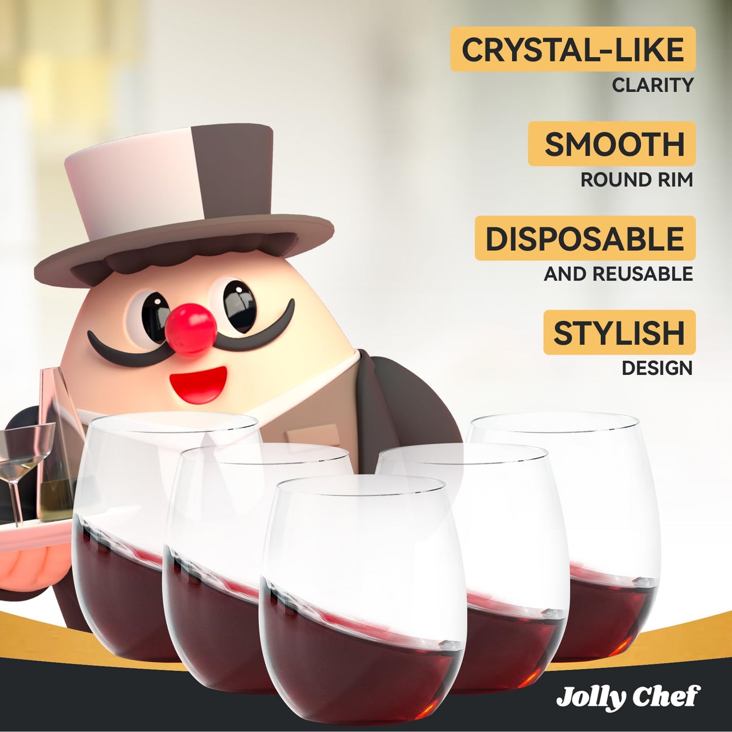 JOLLY CHEF 24 Pack 12 Oz Disposable Plastic Wine Glasses, Shatterproof, Unbreakable, Crystal, Stemless Plastic Wine Cups for Party, Halloween, Thanksgiving, Christmas