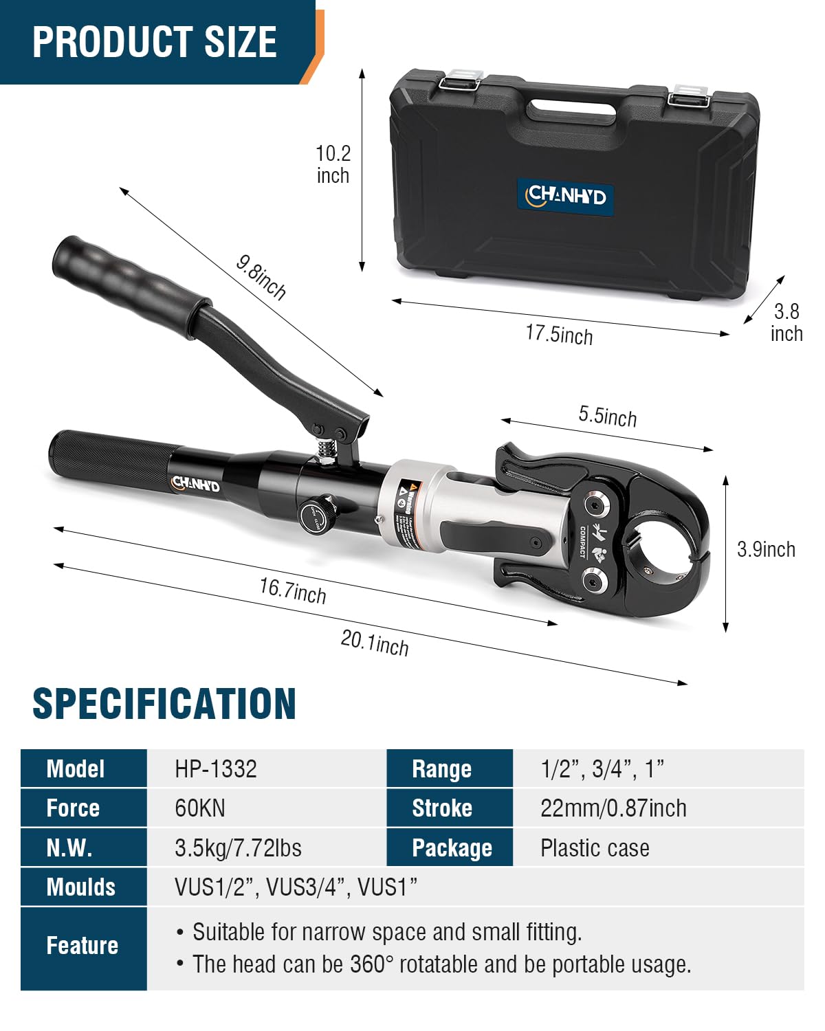 CHANHYD Hydraulic Copper pipe Crimping tool with 1/2 inch,3/4 inch and 1 inch Jaw Copper Pipe Propress Crimpers Pressing Pliers,Copper Tube Fittings pipe Crimpers for Narrow Space and Tee Fittings