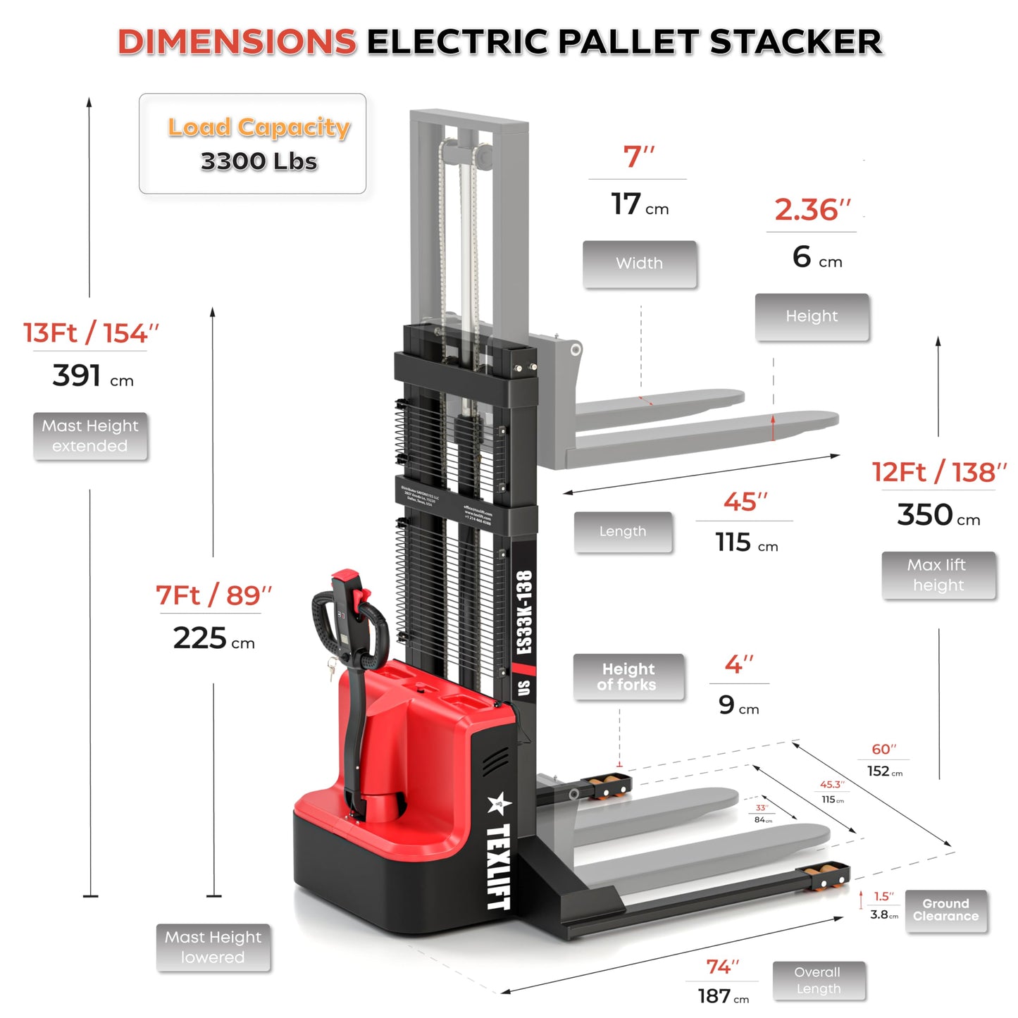 Full Electric Forklift Walkie Pallet Stacker with Fixed Straddle Legs and Adjustable Forks 5.50 Inch to 27 Inch – Material Lifter 3300lbs Capacity 12Ft/138 Inch Lifting Heights - (US-ES33K-138)