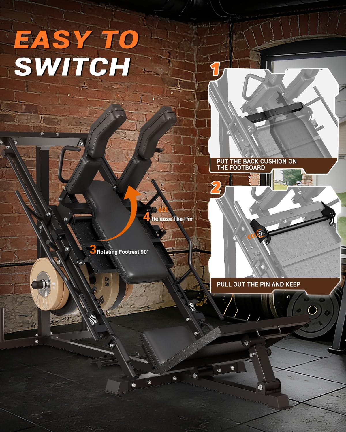 2-in-1 Leg Press & Hack Squat Machine, Linear Bearing Smooth Track, Fits 1" & 2" Weight Plates, 1200LB Capacity, 4-Position Safety Stops, Quick-Change Footplate, Plate Storage (Weights Not Included)
