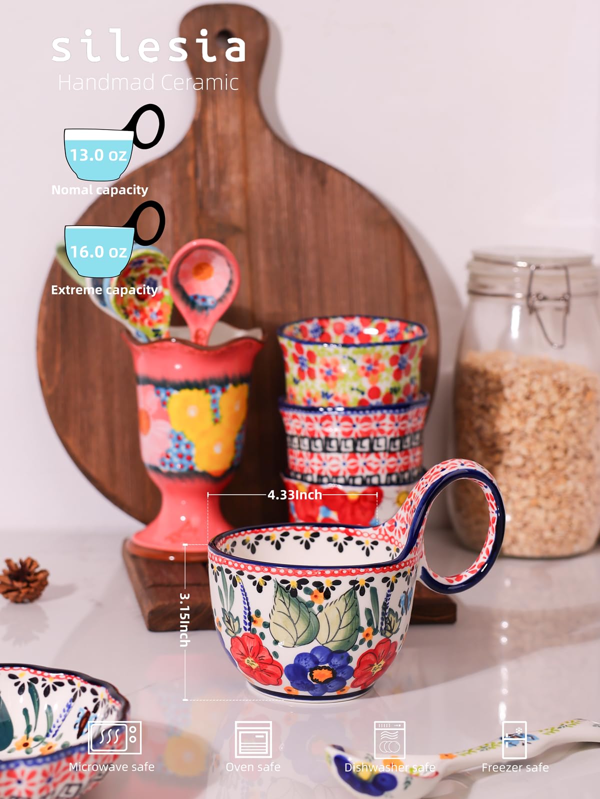silesia Handmade Loop Handle Soup Bowl, Plate and Spoon Set Ceramic Hand Painted Cereal Bowl Great for Soup, Ice cream, Snack, Stew in Gift Box, Dishwasher & Microwave Safe, Polish Garden