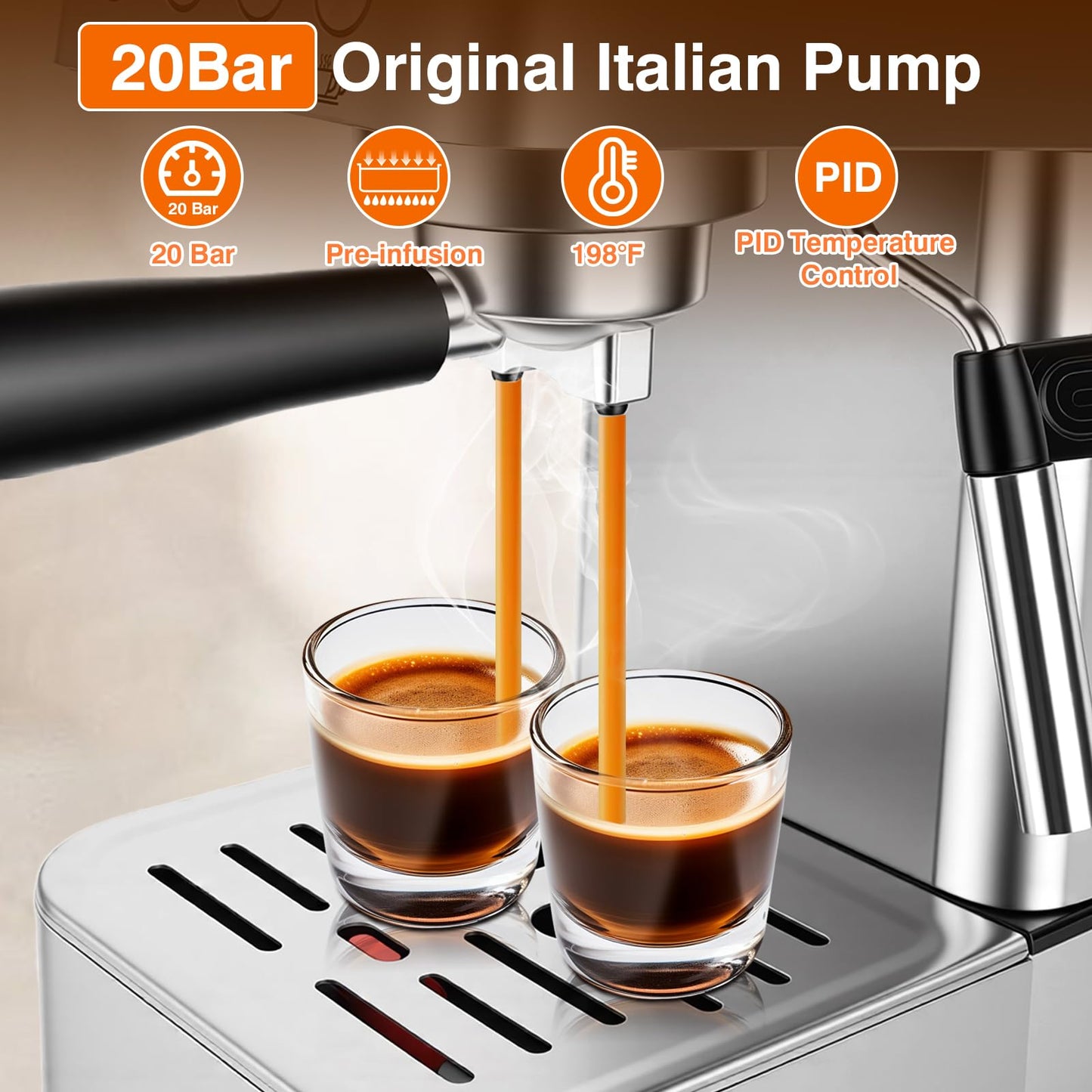 Sorgente Espresso Machine 20 Bar, Stainless Steel Coffee Maker with Milk Frother, 1350W with Fast-Heating System, Innovative Coffee Grounds Filter, Espresso Machines for Home Barista