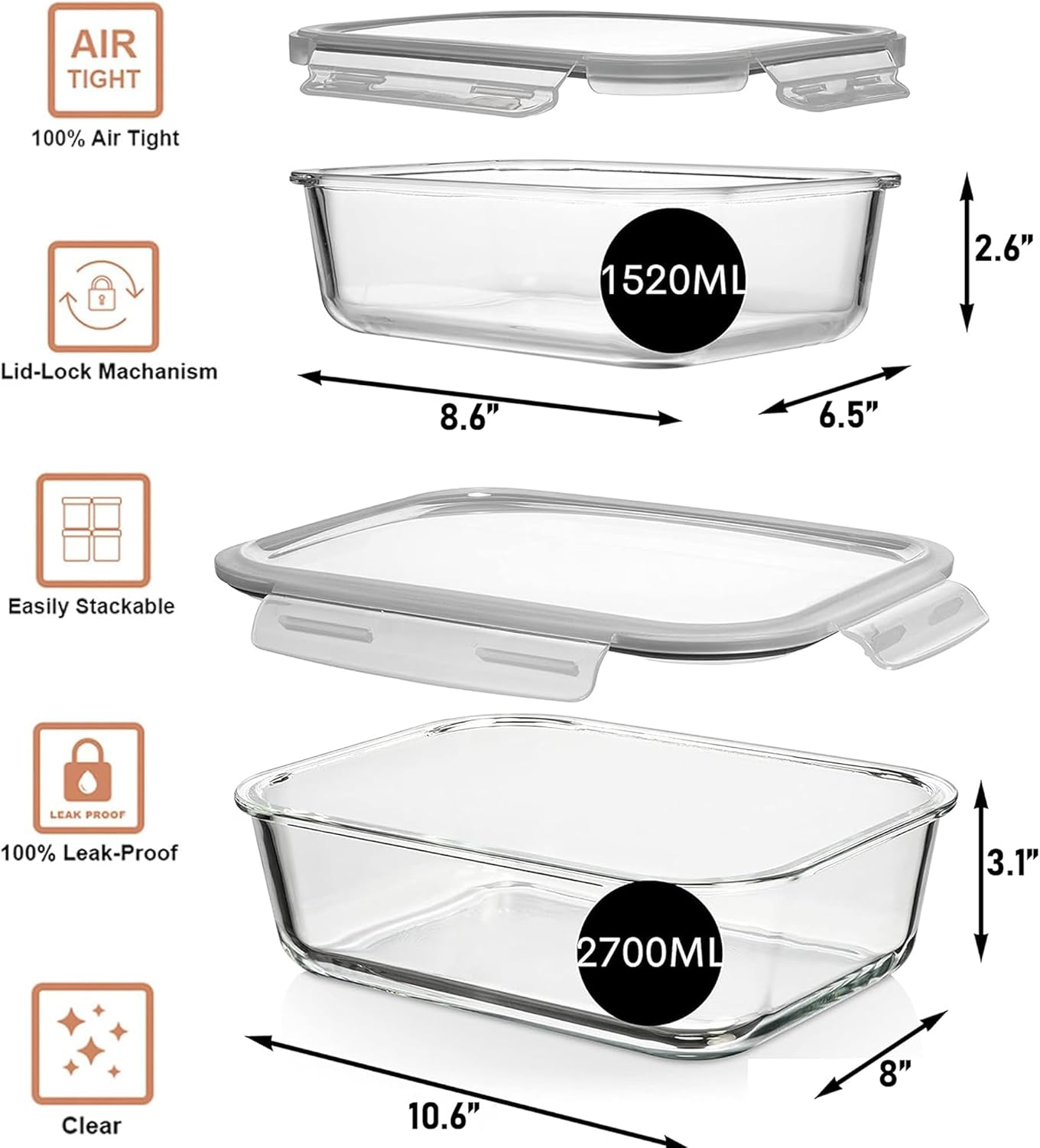 Razab Airtight Large Glass Food Storage Containers - BPA Free, Leak Proof | 4 Pc Set (2700ML & 1520ML)