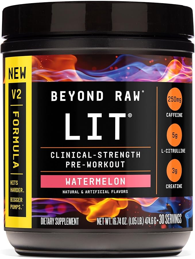 BEYOND RAW LIT V2 Clinical Strength Pre Workout Powder, Hits Harder, Bigger Pumps, Caffeine, L-Citrulline, Creatine, Watermelon, 30 Servings