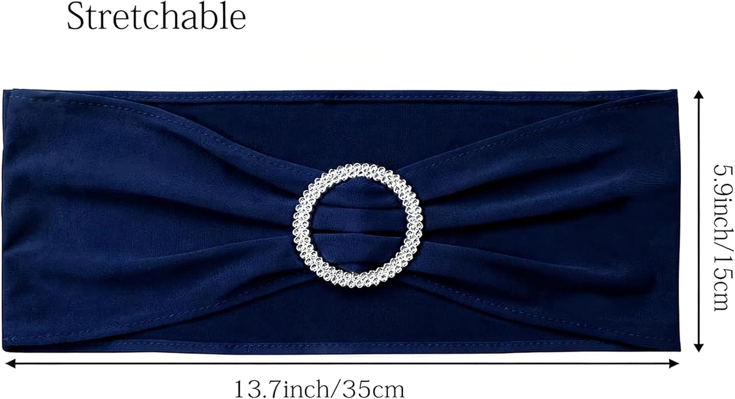 Skiennix Navy Blue Chair Sashes - 100 Pack Spandex Chair Bands with Buckles for Weddings & Events