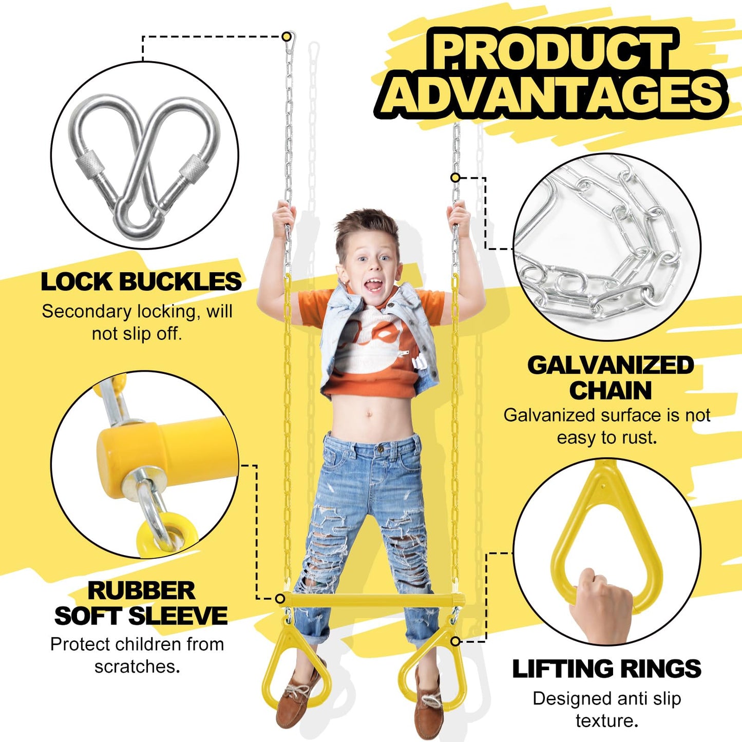 Duty Ring Trapeze Bar for Backyard-16.5" Trapeze Swing Bar- Swingset Accessories Outdoor with 47" Coated Chains 2 Snap Hooks (AB010004-1)