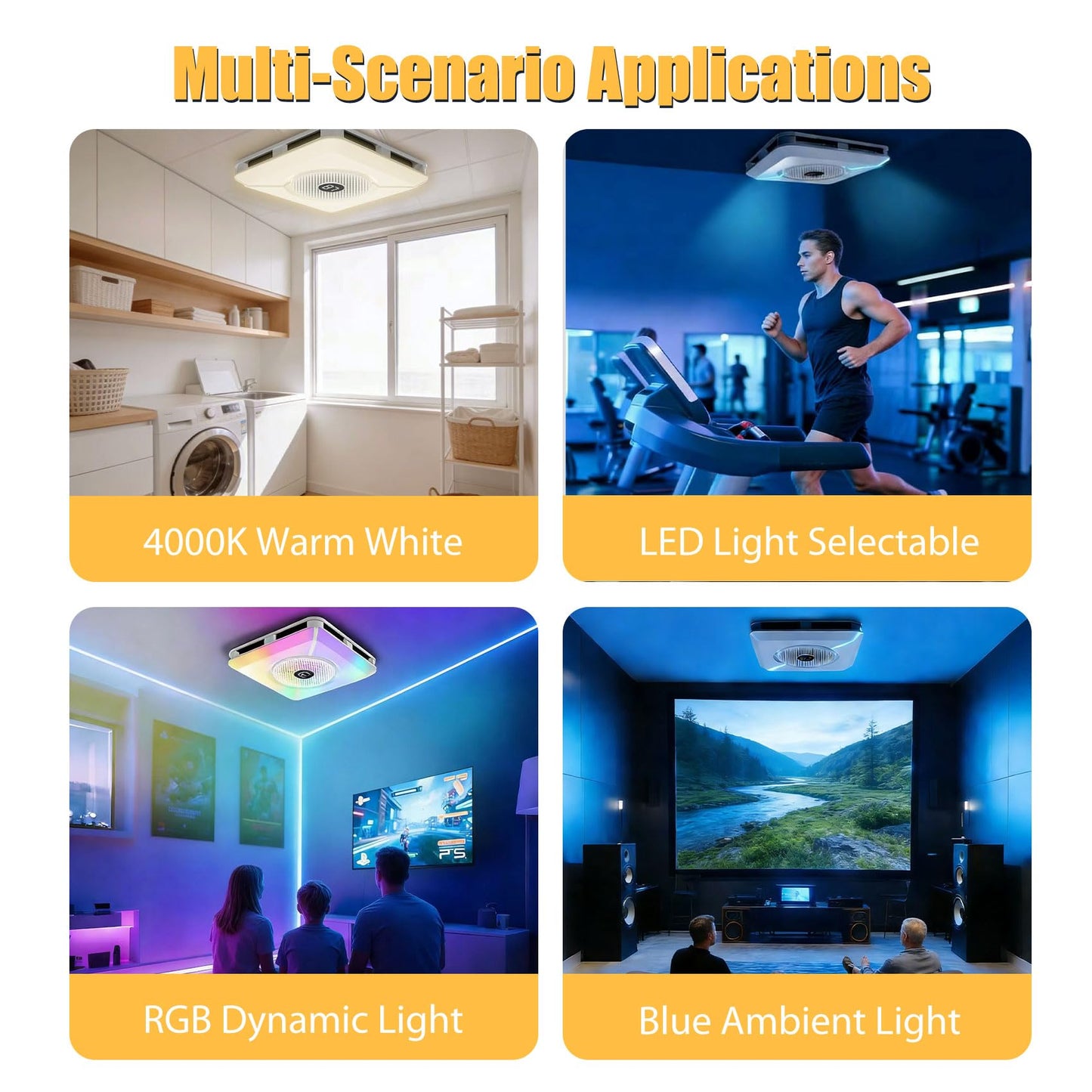 Bathroom Exhaust Fan with Bluetooth Speaker,Bathroom Fan Light,Plug&Play,230 CFM 1.0 Sone,Strong Wind Force&Quiet,Noise-cancelling Bluetooth dual speakers,7color dynamic&3color lighting,3year warranty
