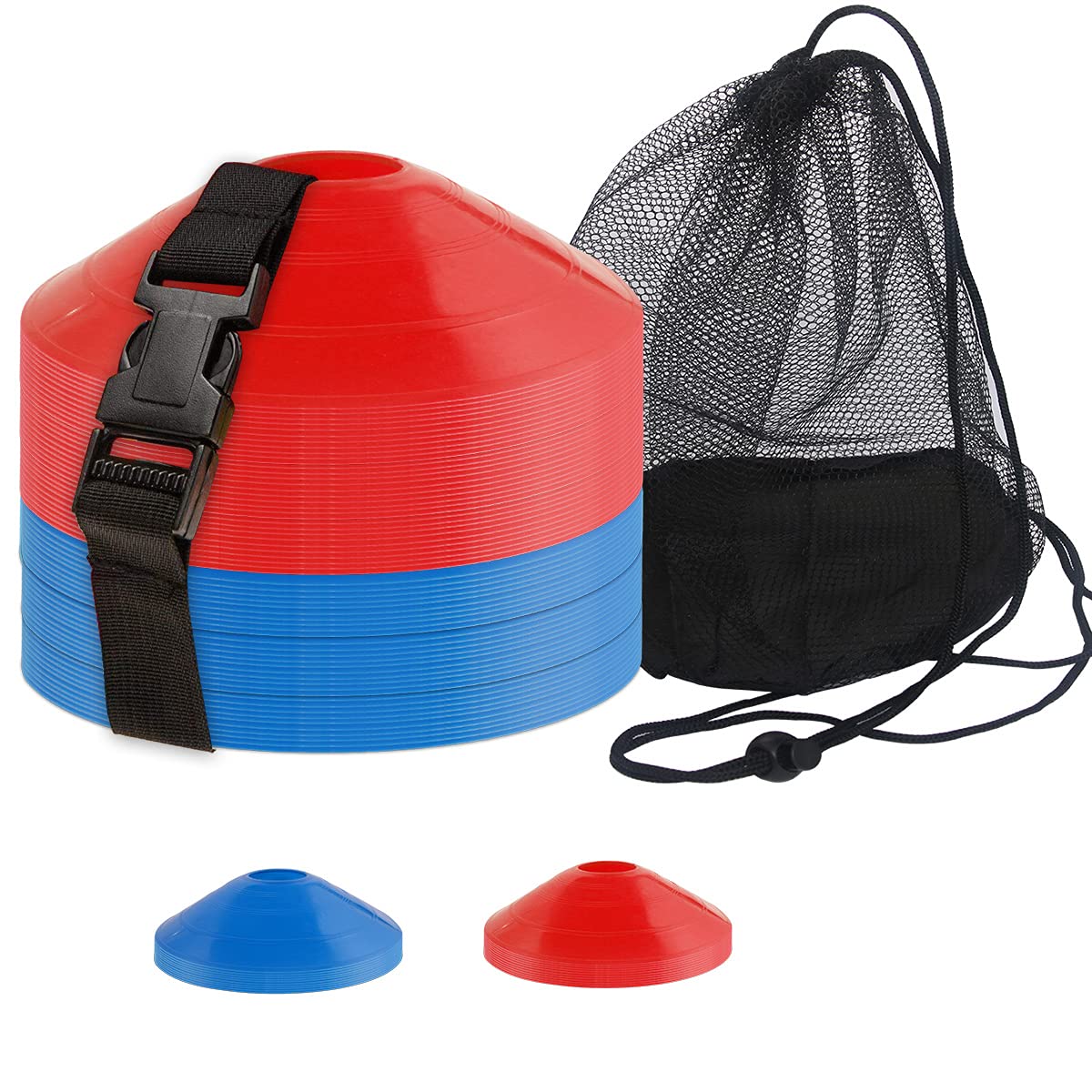 DUNCHATY 60-Pack Soccer Cones - Agility Flat Disc Cones with Carry Bag & Strap - Small Training Field Markers for Football Basketball Lacrosse - Indoor/Outdoor Sport Drills