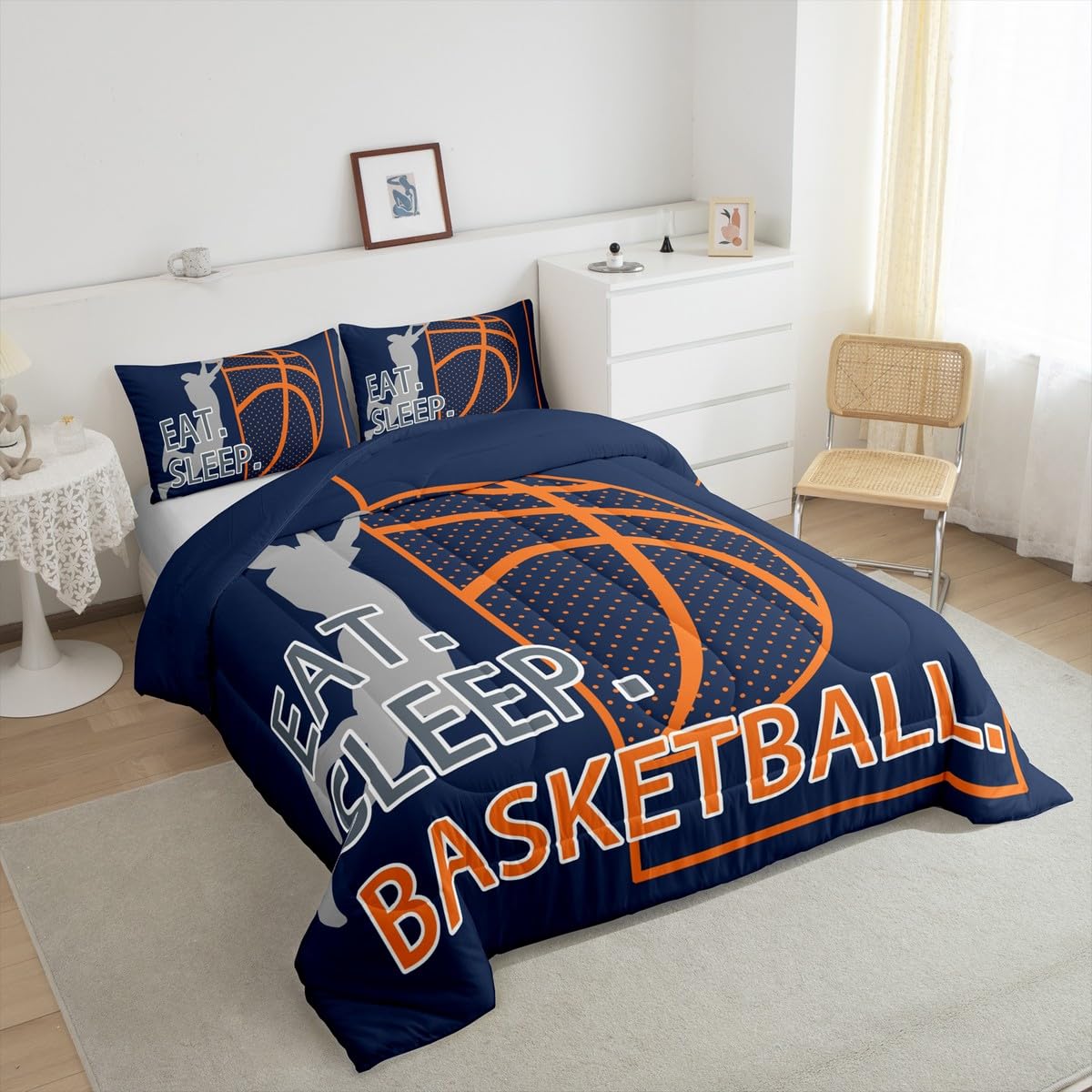 Feelyou Kids Basketball Game Bedding Set Full Size,Soprts Theme Basketball Comforter Set,Boys Girls Bedroom Room Decor,Basketball Player Comforter,Navy Blue Bed Set for All Season