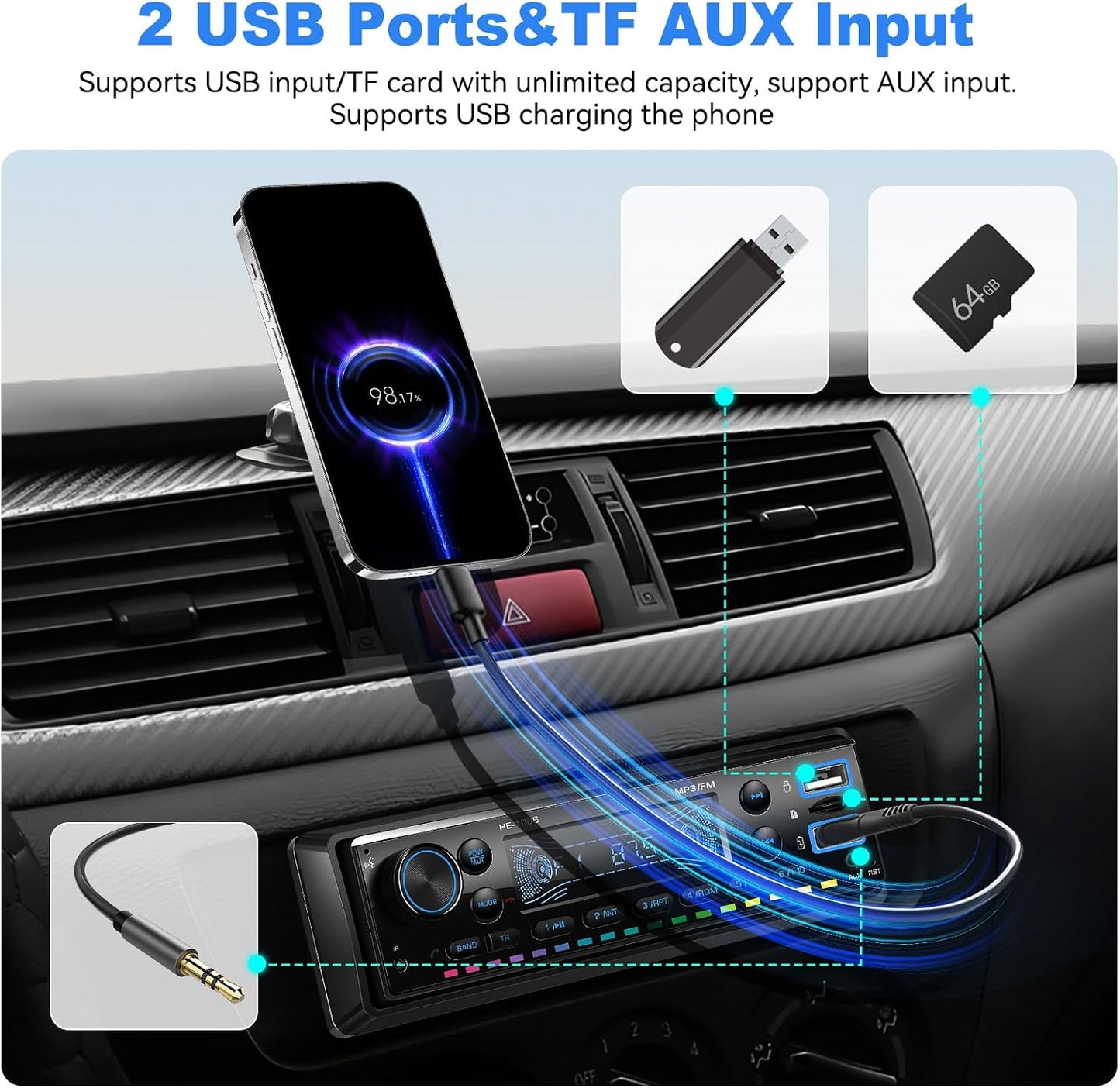 SIXTOP 5.0 64G MP3 Single Din Car Stereo Bluetooth Audio Radio with Card FM Receiver Digital Music Radio Player Support
