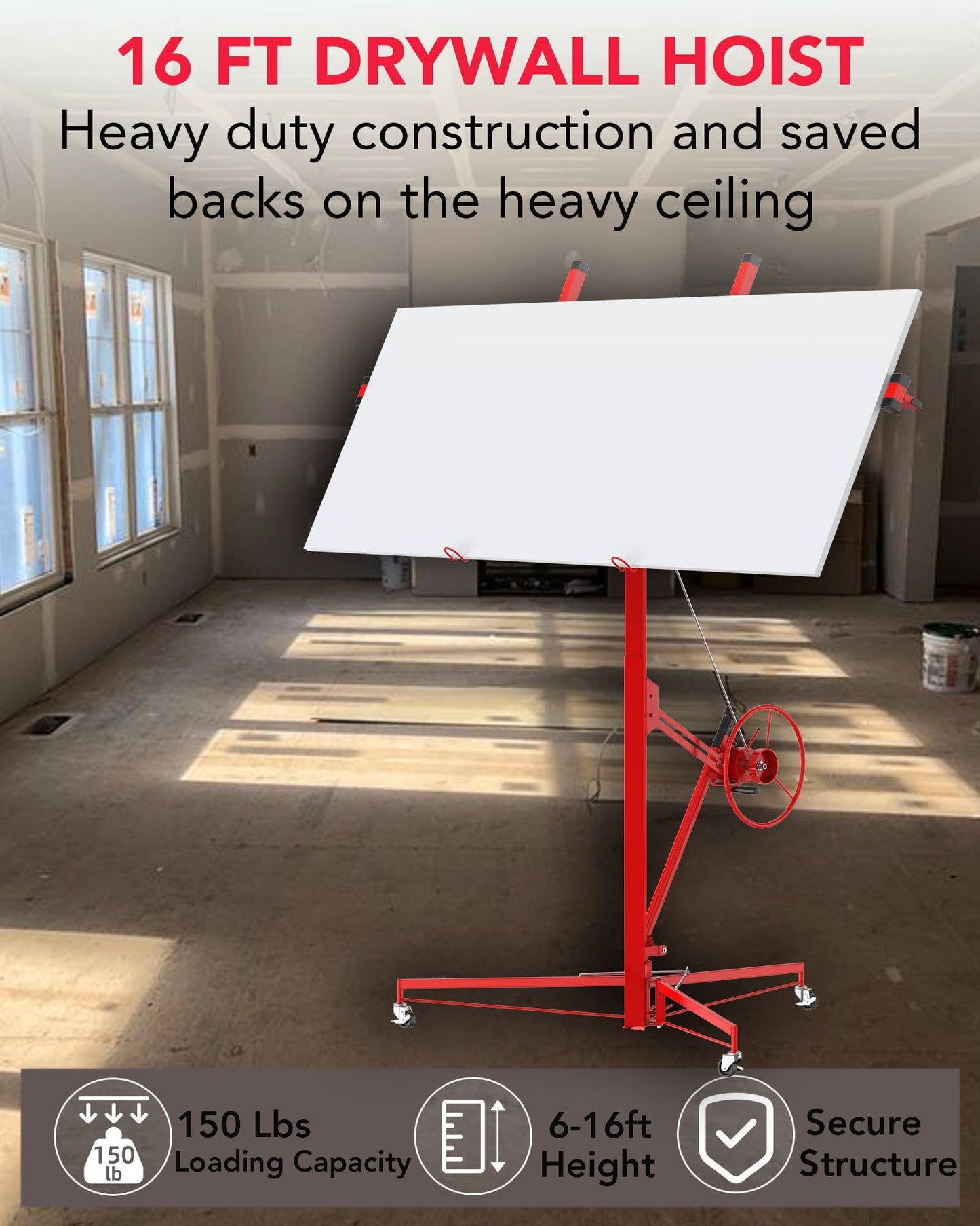 GarveeTech 16 ft Drywall Lift, Sheetrock Lift Drywall Lift, 150 LBS Capacity Drywall Lift Panel Hoist with 360° Adjustable Telescopic Arm & 3 Lockable Wheels, Red