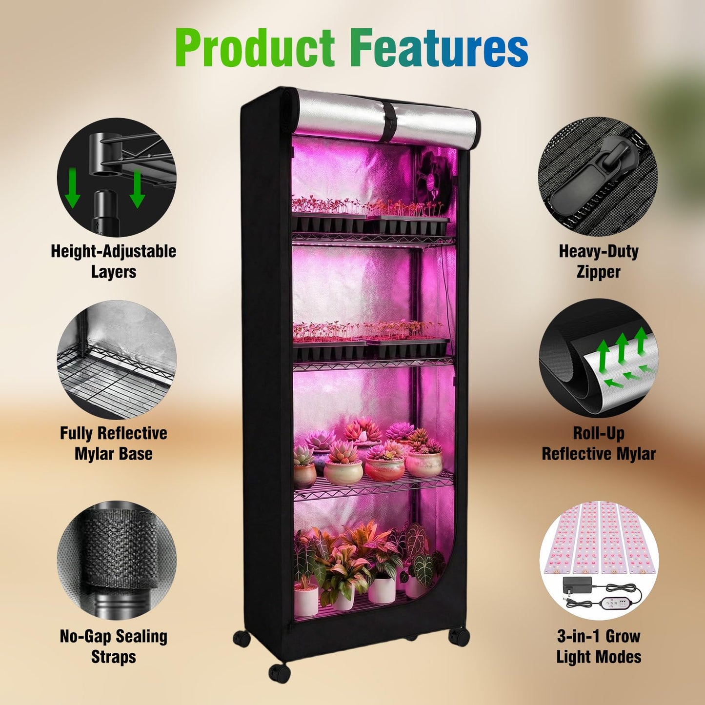 Indoor Greenhouse with Grow Light - 5 Tier DIY Plant Shelf with Cover, 4 Pack 48W Full Spectrum Grow Lights with Timer & 3 Color Mode for Indoor Plants, Seed Starting, Seed Tray 22x11.8x61 Inches