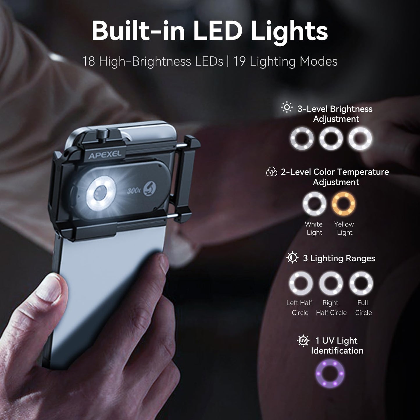 APEXEL 300X Phone Microscope Lens, Phone Camera Micro Lens with Universal Clip/LED Light/CPL, Mini Pocket Microscope, Phone Lens Attachment Fit for iPhone 17/16/15/14/13, Samsung, and Most Smartphone