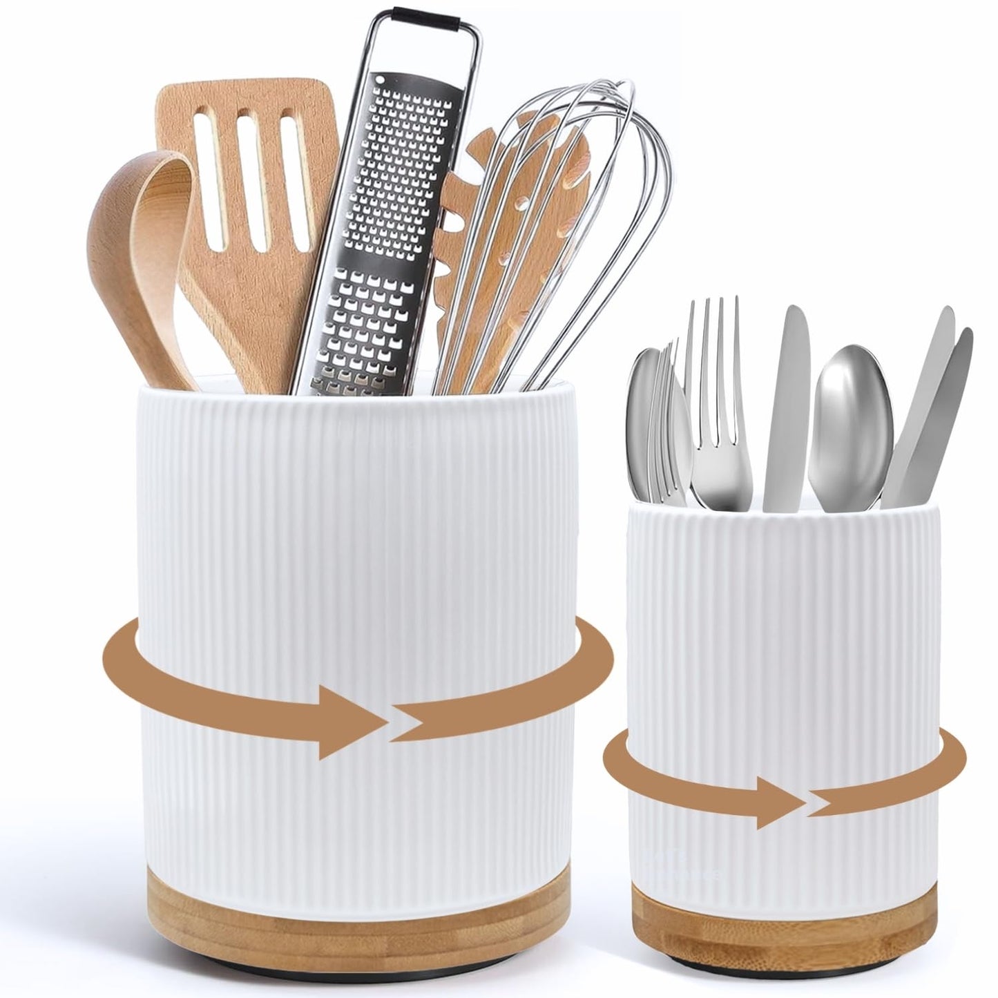 NURTURE KNOTS 2 Pack Ceramic Utensil Holder, 7.3"+5.4" Large kitchen utensils holder for Countertop, 360° Rotating Cooking Utensil Crock for Kitchen Counter with Detachable Wooden Base, Kitchen Décor