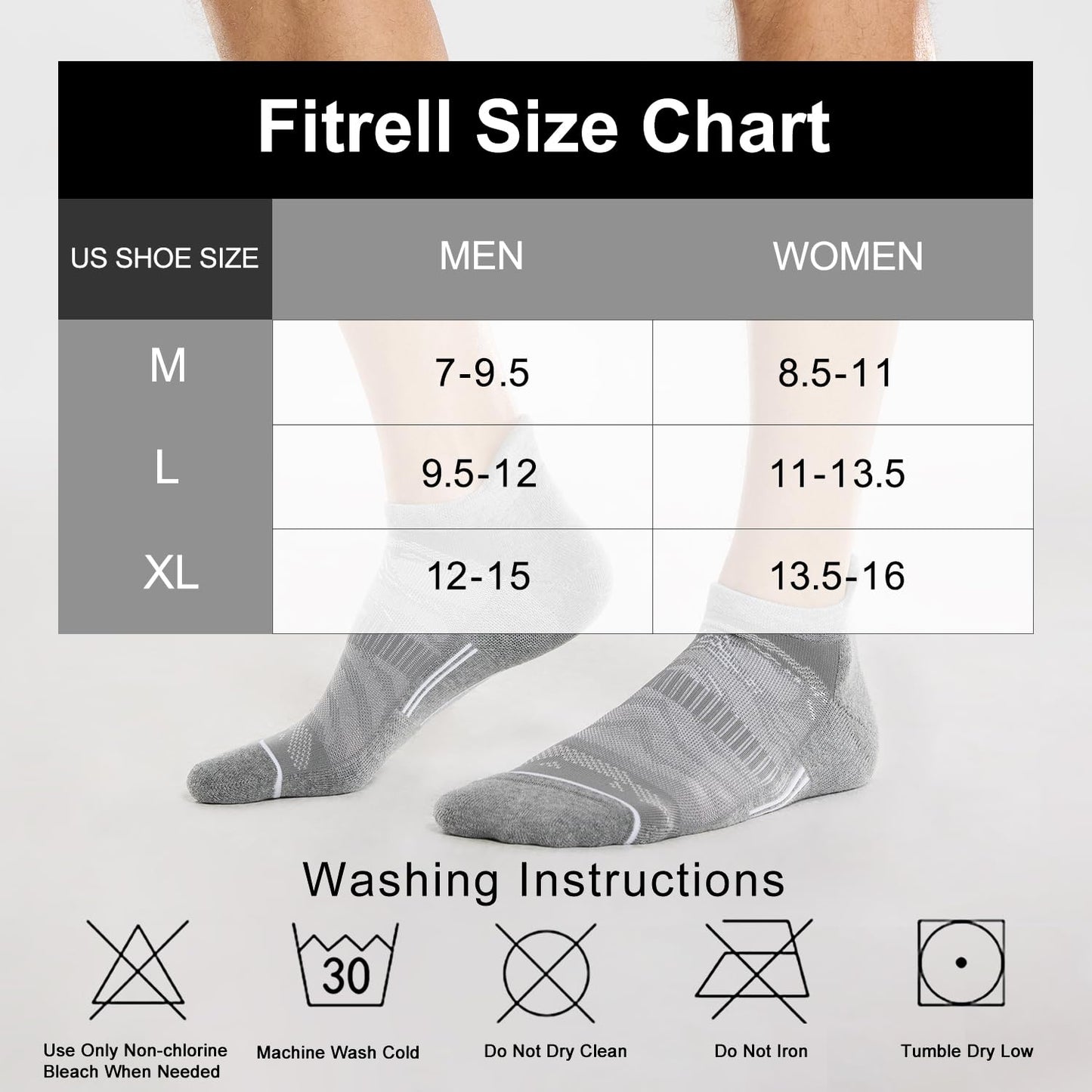 FITRELL 6 Pack Ankle Running Socks for Men and Women Low Cut Cushioned No Show Athletic Sports Compression Socks, Shoe Size 12-15, Black+White+Grey Mixed
