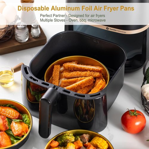 Air Fryer Foil Liners - 20 Pack | 7-Inch Round Disposable Aluminum Pans, High-Heat Safe, Food-Grade Black & Gold