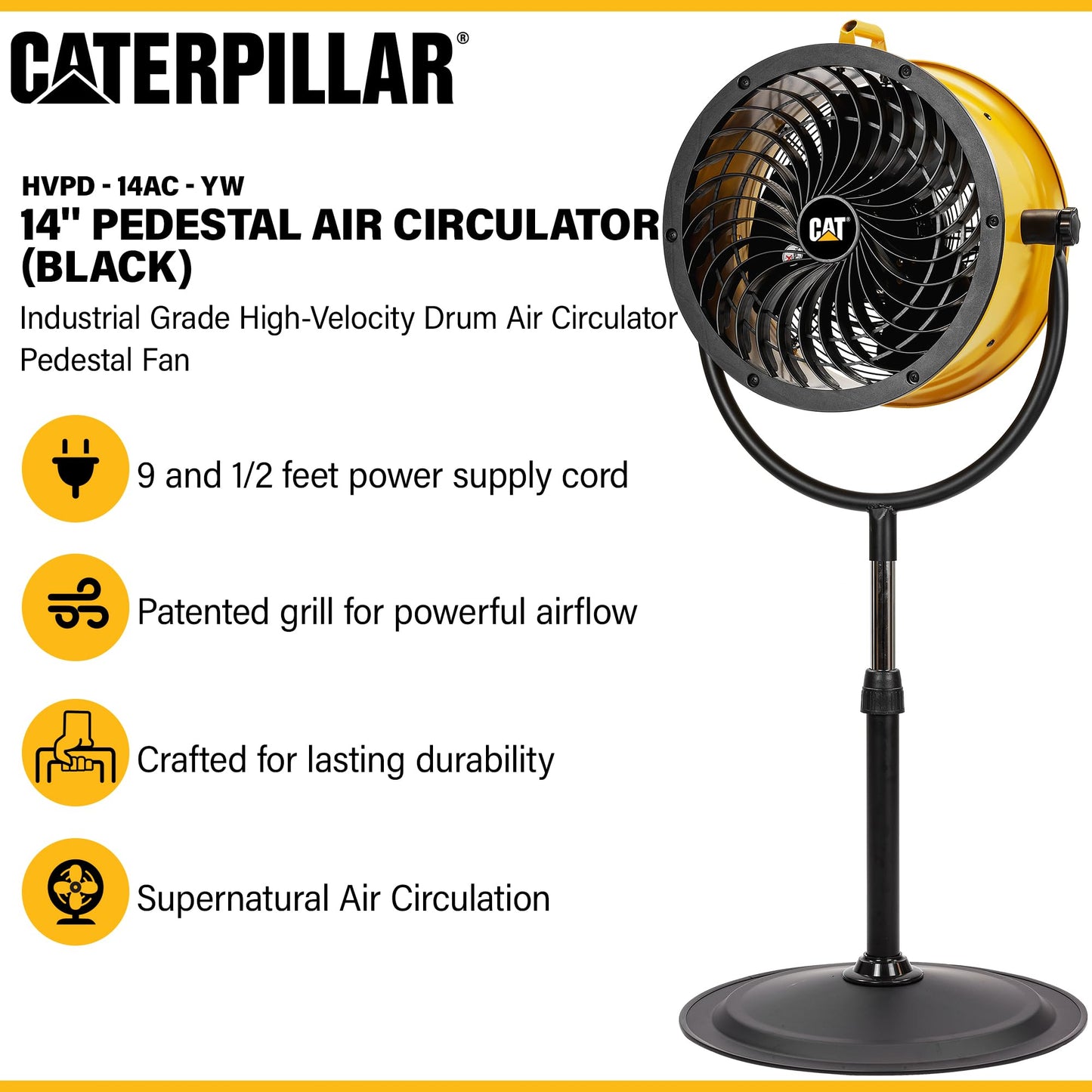 CAT fans - 14”-Blade High-Velocity Pedestal Drum Fan Industrial Grade (Yellow, 4-in-1): 2,300 CFM, 4-Speed, 360 Degree Adjustable Tilt, Dual Ball Bearing Motor with Die-Cast Cover (HVPD-14AC)