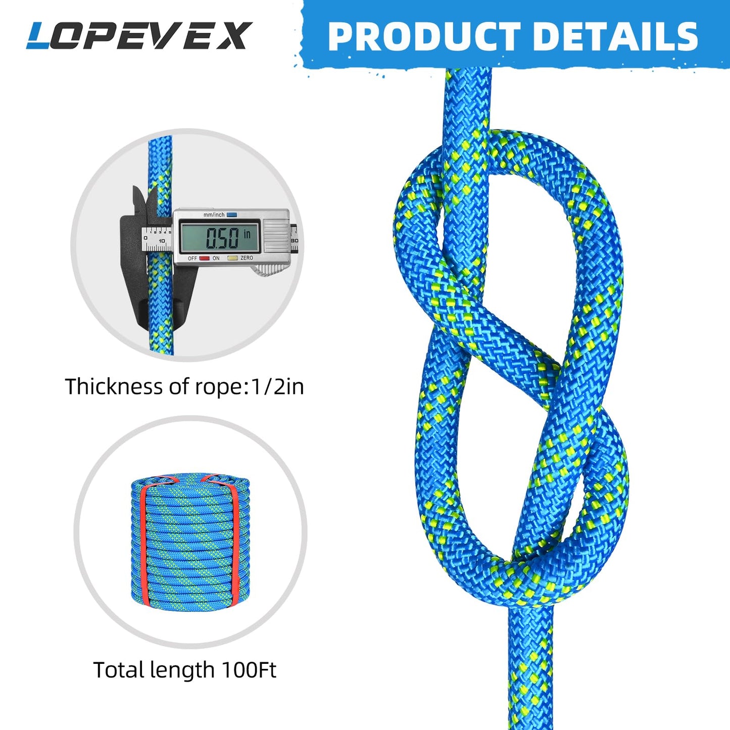 Lopevex 1/2 Inch Static Climbing Rope (100 Ft) - 9000lbs High Strength Arborist Bull Rope for Tree Work, Safety Rescue & Rigging - 48 Strand Core, Blue