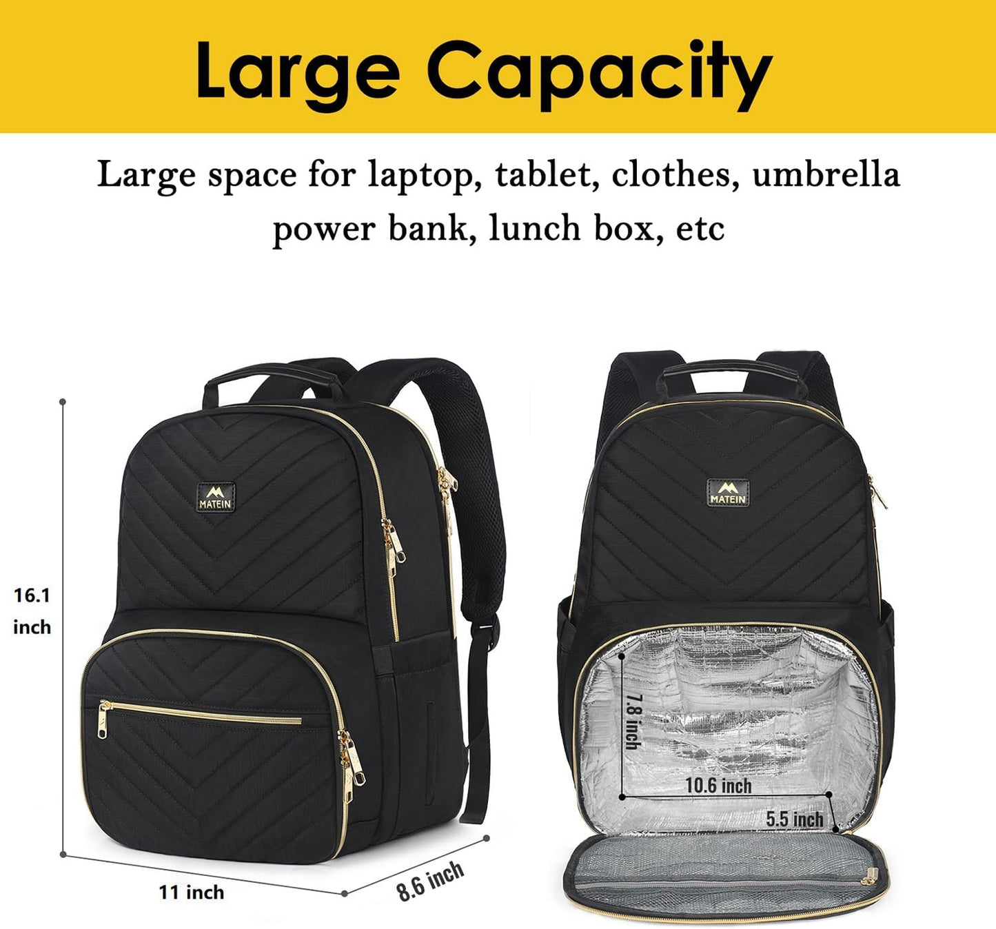 Backpack Backpack Pack 15.6 Inch Commuting, MATEIN Work with Lunch Compartment, Insulated Quilted Lunch for Women