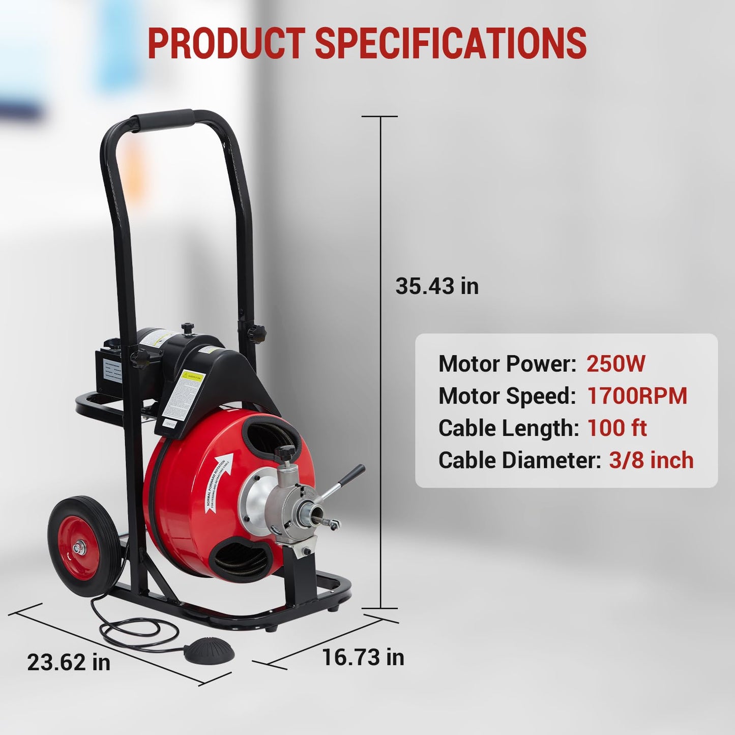 GarveeTech Auto Feed 100 ft x 3/8 in Drain Cleaner Machine with 250W Motor, Portable Sewer Snake Auger with 8 Cutters & Air-Activated Foot Switch, Fits 1 in to 4 in Pipes, Black & Red