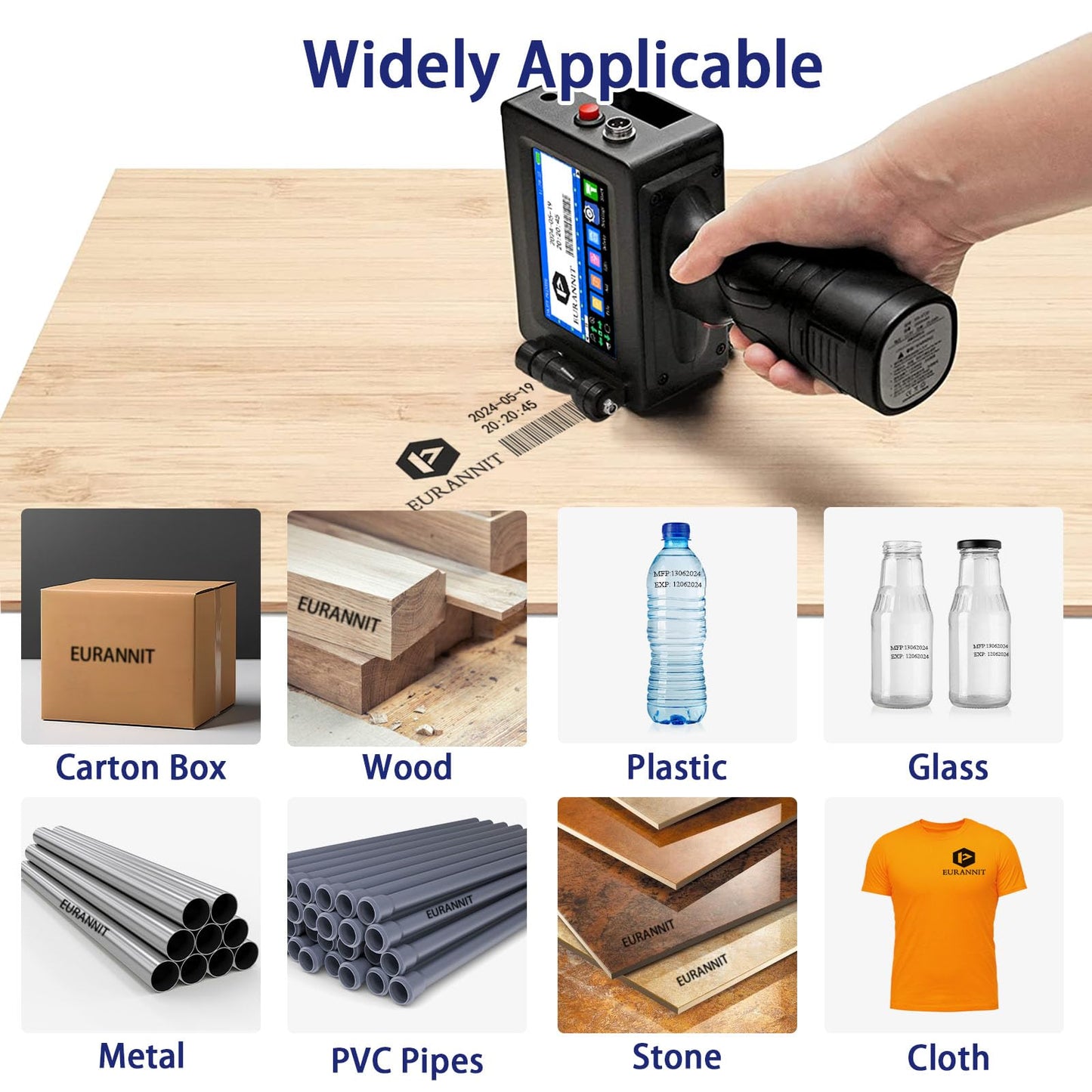 Eurannit Handheld Inkjet Printer 1 in, E15-1 Portable Handheld Printers with ER521 Black Ink Cartridge, Handheld Inkjet Printer Gun for Text QR Barcode Batch Number Logo Date Label Printer