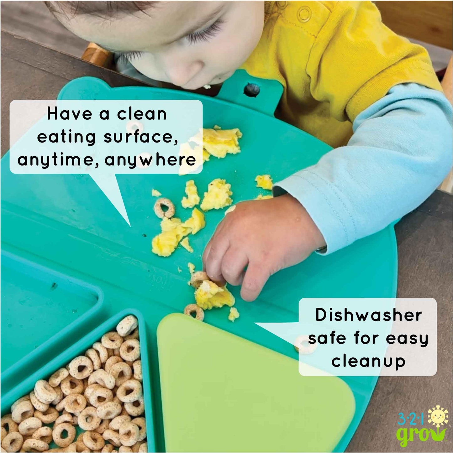 321 Grow Silicone On-The-Go Snack Mat – Foldable Reusable Placemat with 3 Compartments and Lids – Travel-Friendly Baby and Toddler Snack Plate – Dishwasher Safe (Aqua)