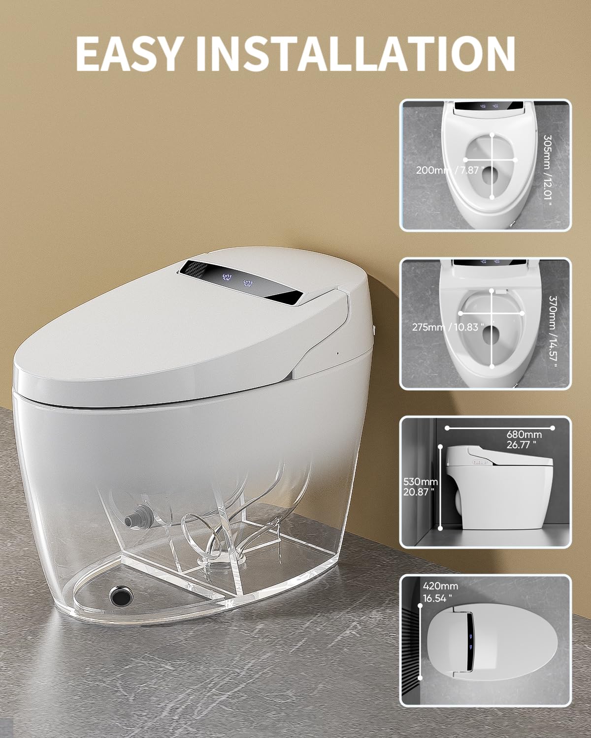 TDH Smart Toilet, Tankless Toilets with Foot Sensor Operation, Heated ToiletSeat with Warm Water Sprayer and Dryer, LED Display with Fahrenheit, Round Toilet Seat