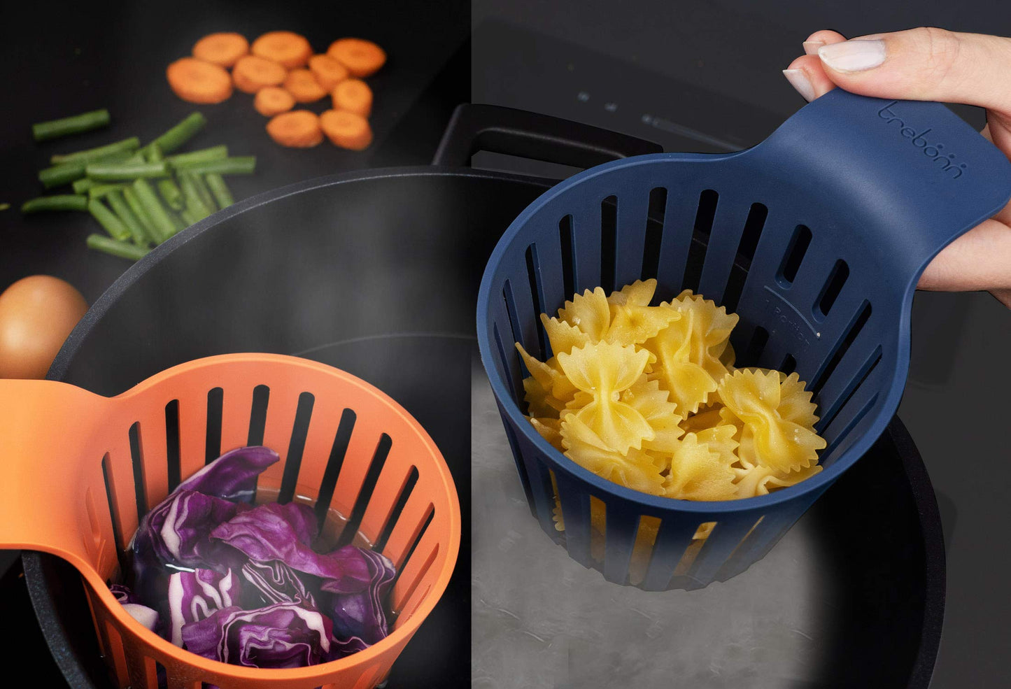 TREBONN, Cookin’ Pod 3 Piece Set, Single Portion Slotted Strainers for Pasta and Vegetables, Everyday Use, Coral Purple Blue-Gray, 1 Set