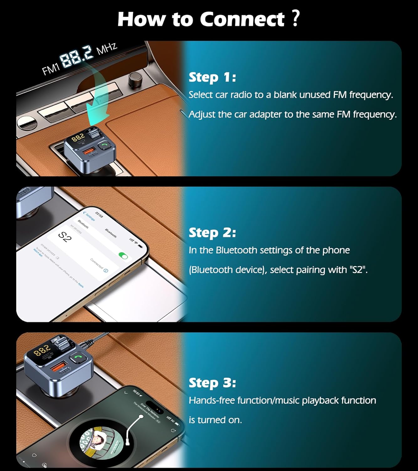 KAIY 42W FM Transmitter Bluetooth Car Adapter, Car Radio Bluetooth Transmitter HandsFree Calling Music Player, FM Radio