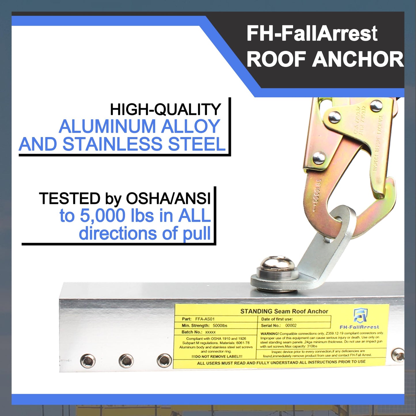 FHFallArrest Fall Protection Standing Seam Roof Anchor Clamp with 360° Swivel Point | Fall Arrest Roofing Harness Safety Kit | Aluminum Alloy Anchor | OSHA/ANSI Compliant | Bolts and washers included