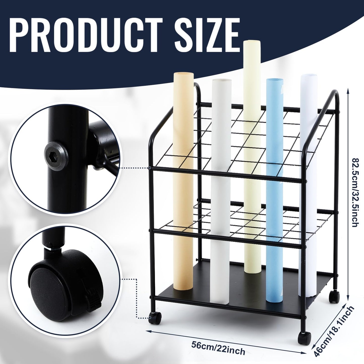 WILLBOND Blueprint Storage Rack Wire Roll File Holder with Wheels Metal Blueprint Storage Bin Cart Paper Holder Cabinet Vertical Tube Poster Organizer (30 Slots, 32.28 x18.11 x22.06 lnch)