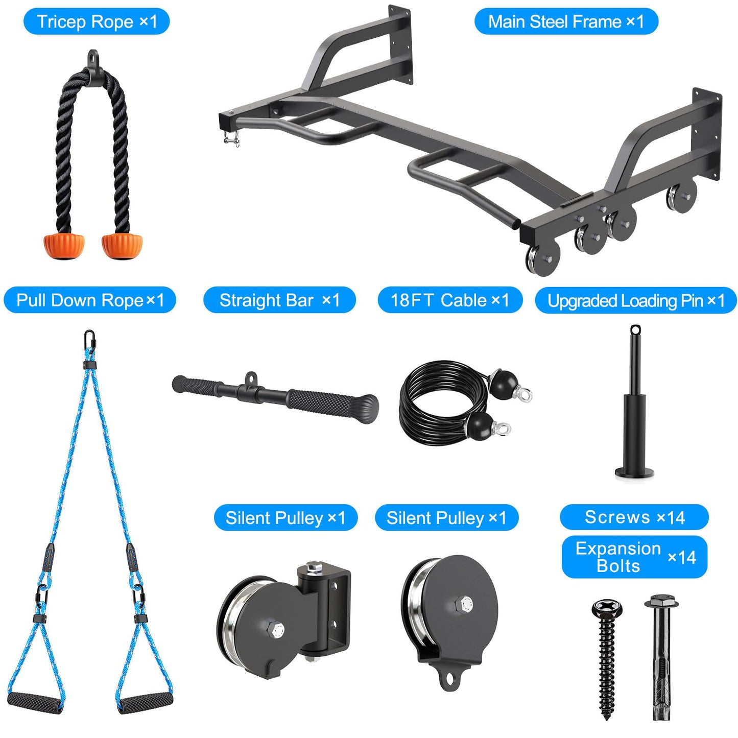 Kipika 48" Ceiling Mounted Pull Up Bar, Heavy Duty Multi-Grip Chin Up Bar,Mounted Pullup Bar, Adjustable Height, Pull Up Bands for Chin Ups & Body Stretching, Ideal for Home Gym and Strength Training (48" Cable Pulley System)