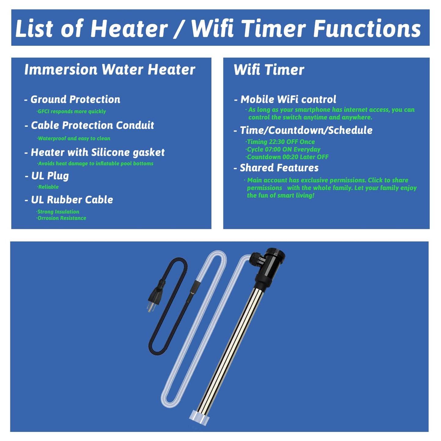 XCLBTFDC 2000W Immersion Water Heater Portable Electric Hot Tub and Pool Submersible Water Heater with WiFi Timer and Auto Shut Off for Spa, above ground pool, Bathtub, Swimming pool and Baptistry