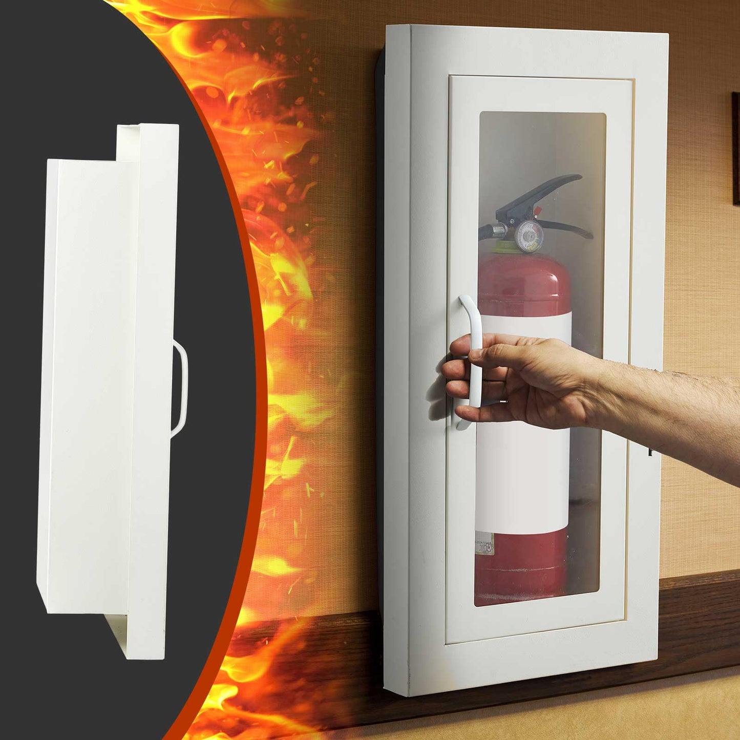 Zonon 4 Pcs Semi Recessed Fire Extinguisher Cabinet Box Steel Recessed Wall Cabinet, Magnetic Door with Handle, Acrylic Window, 2.5 Inch Trim, for 2.5/5/10 lb Dry Chemical Fire Extinguisher (White)