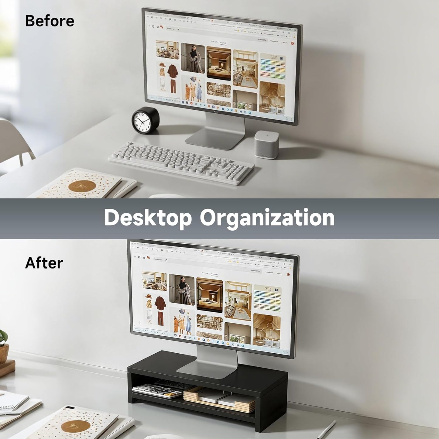 2-Tier 15.7 Inch Wooden Monitor Stand Riser, Desk Shelf with Storage Organizer, Ergonomic Computer Stand, Storage